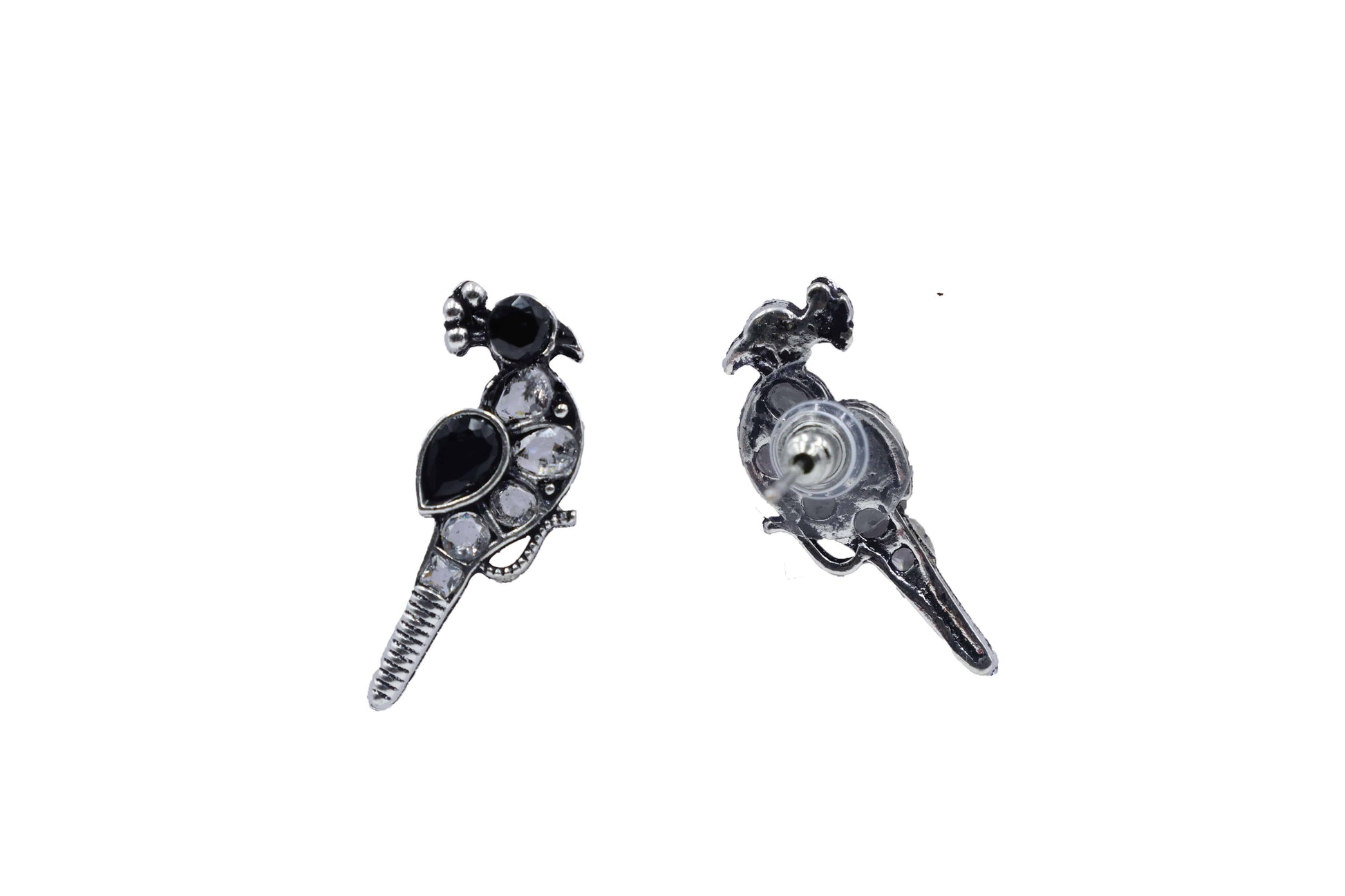 Oxidized Black Kundan Parrot Stud Earrings with Crystal Accents - Mywishtree