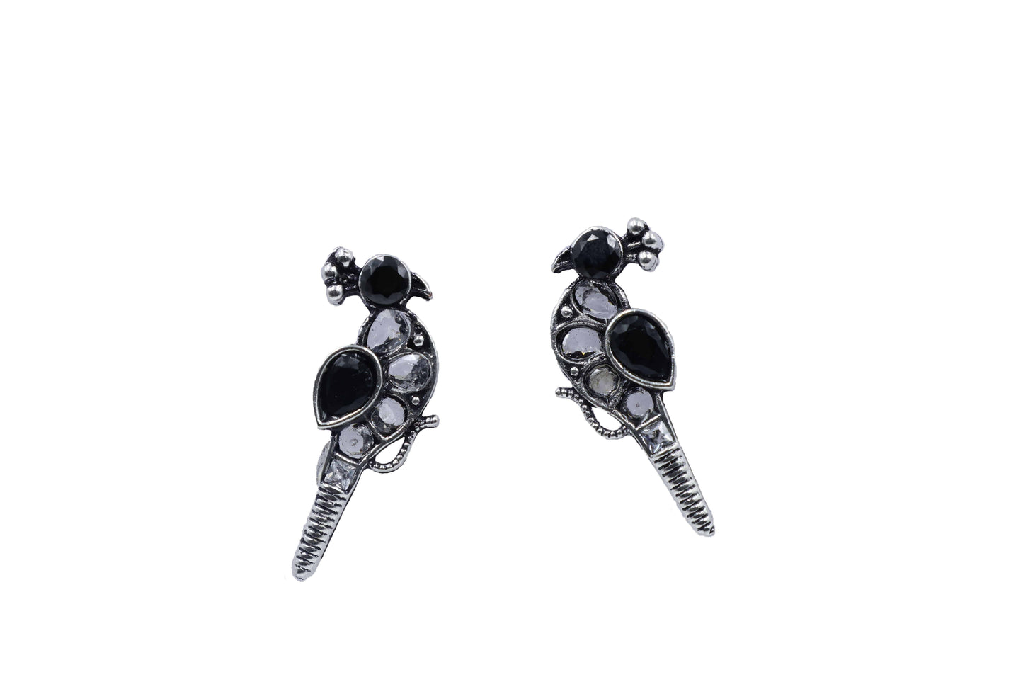Oxidized Black Kundan Parrot Stud Earrings with Crystal Accents - Mywishtree