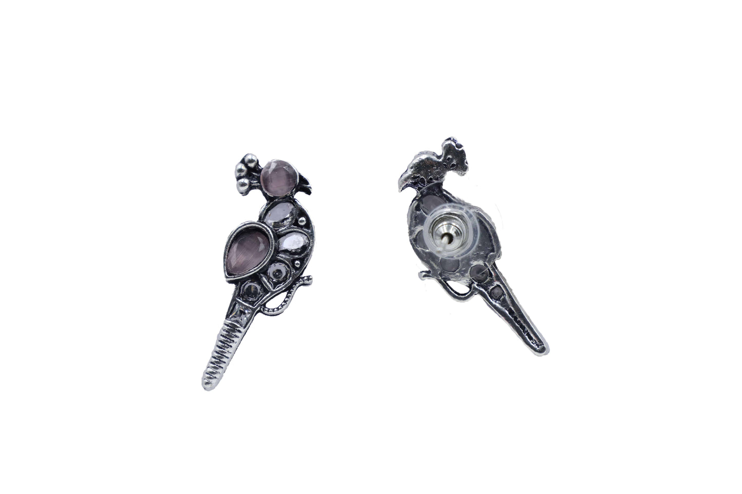Oxidized Kundan Parrot Stud Earrings with Crystal Accents - Mywishtree