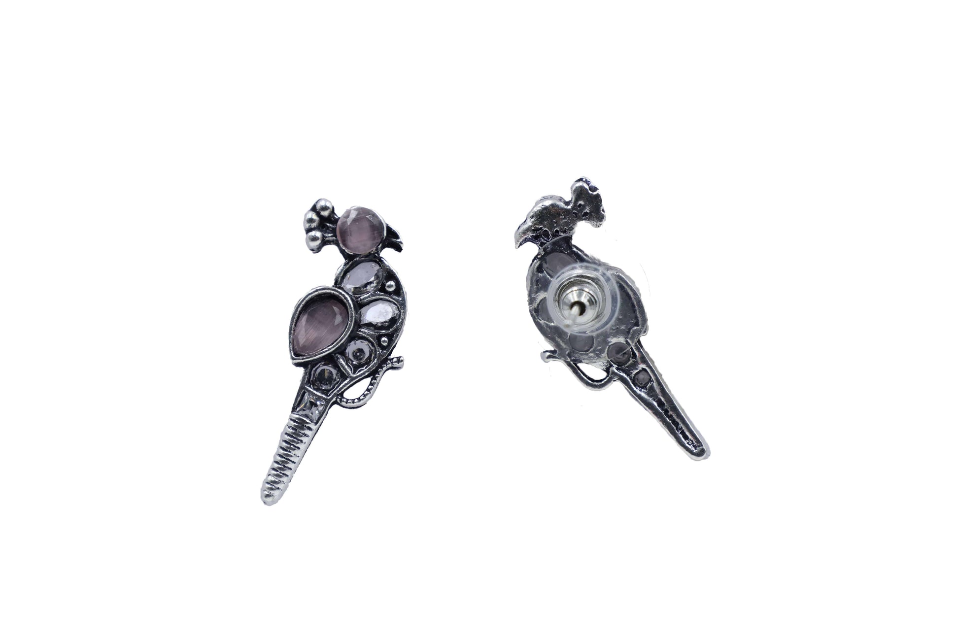 Oxidized Kundan Parrot Stud Earrings with Crystal Accents - Mywishtree