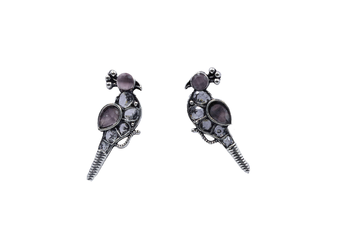 Oxidized Kundan Parrot Stud Earrings with Crystal Accents - Mywishtree