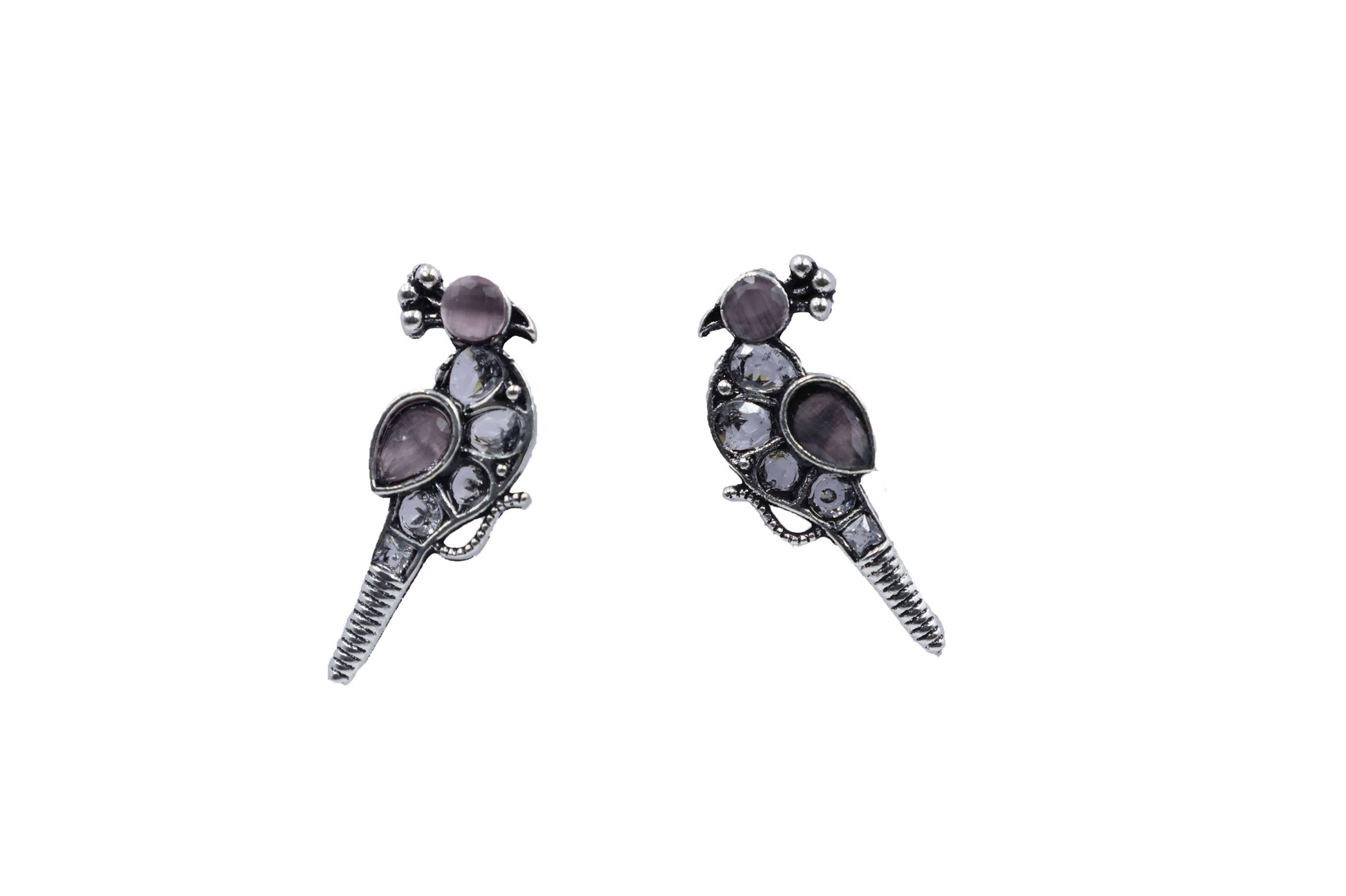 Oxidized Kundan Parrot Stud Earrings with Crystal Accents - Mywishtree