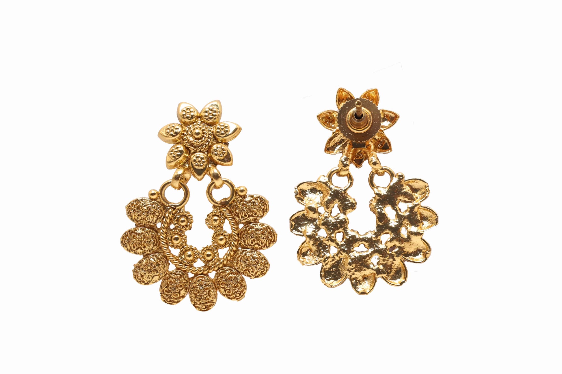 MyWishTree Antique Gold Floral Necklace Set with Chandbali Earrings - Mywishtree