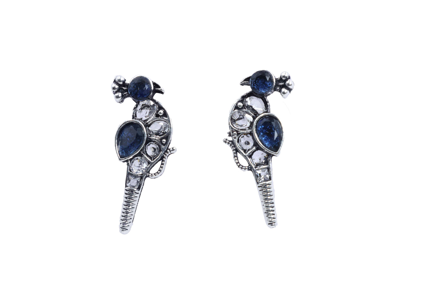 Oxidized Kundan Parrot Stud Earrings with Crystal Accents - Mywishtree