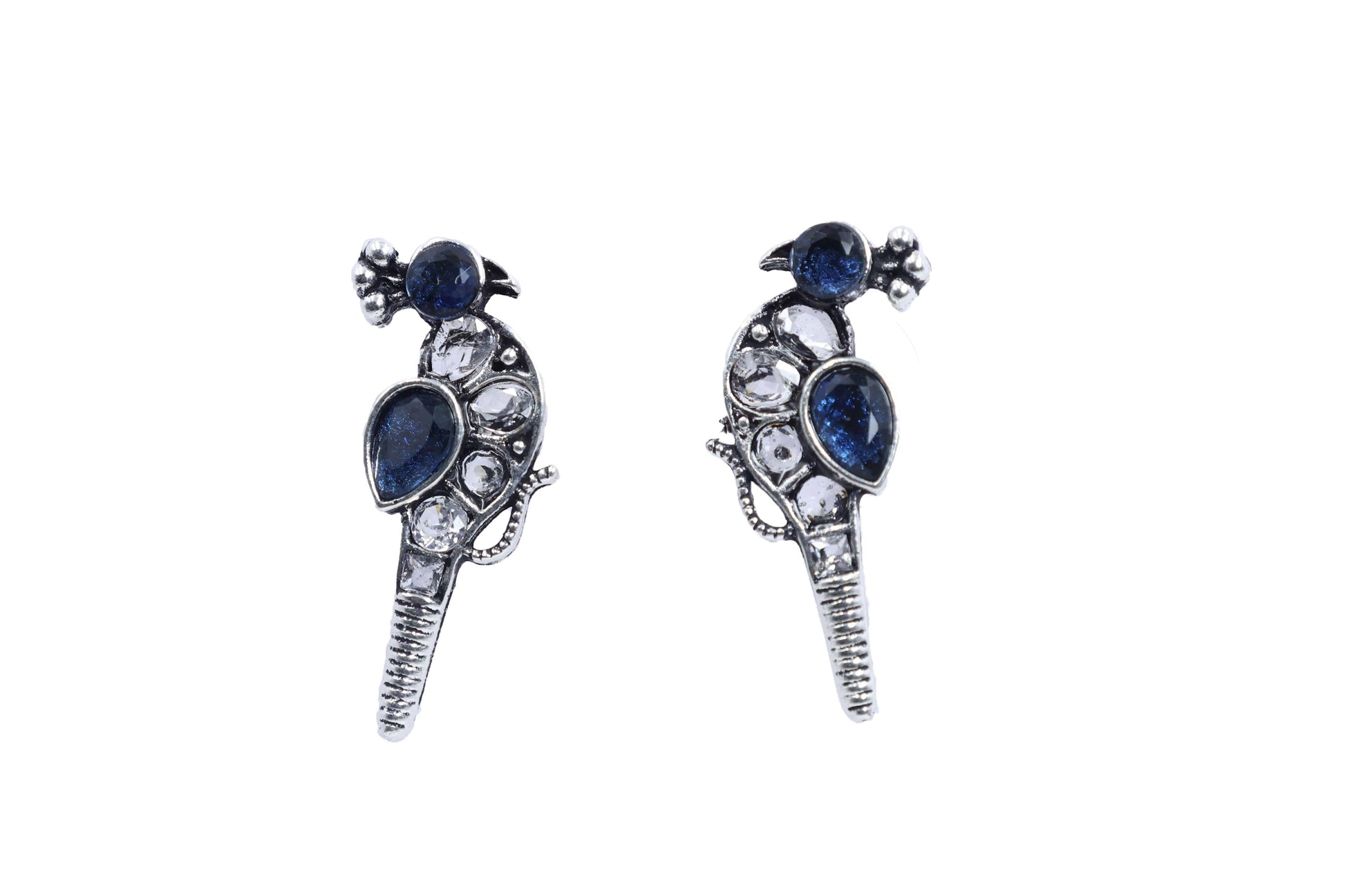 Oxidized Kundan Parrot Stud Earrings with Crystal Accents - Mywishtree
