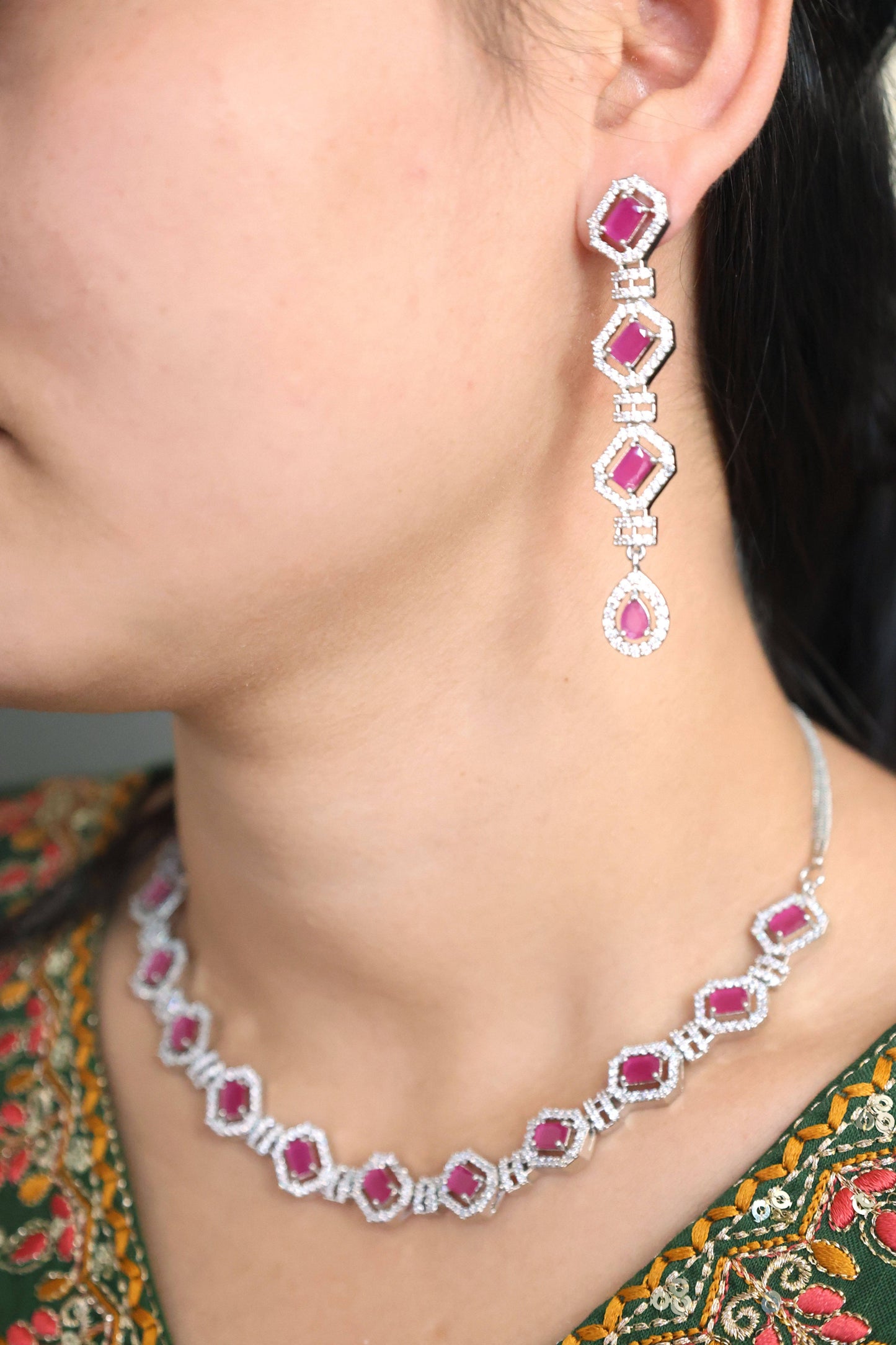 MywishTree Green American Diamond Necklace Set - Mywishtree