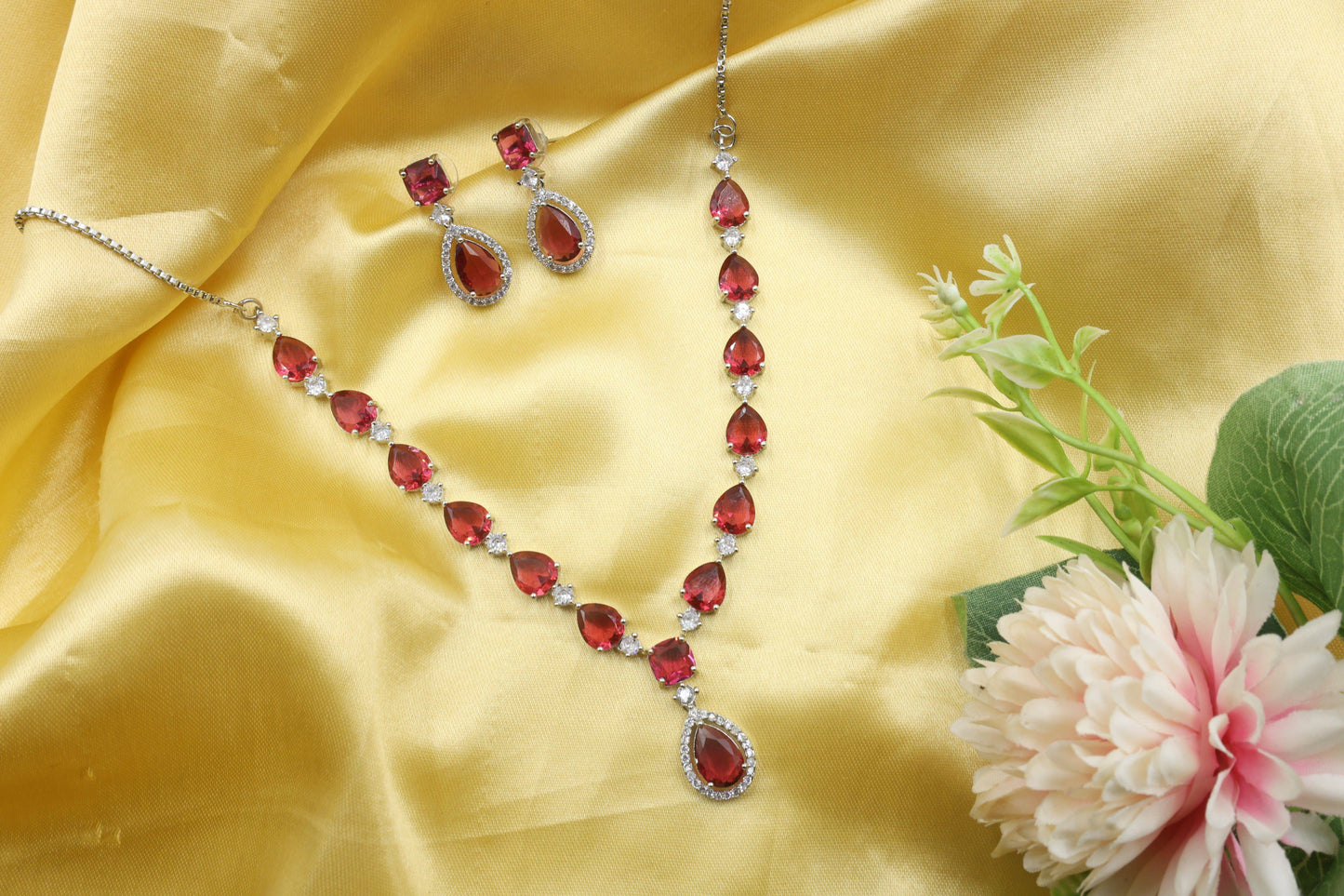 MywishTree Ruby Radiance American Diamond Necklace Set - Mywishtree