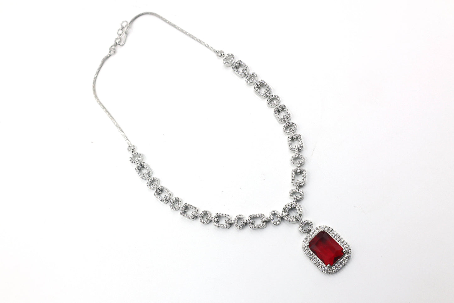 MywishTree Majestic Ruby Chain-Link American Diamond Necklace Set - Mywishtree