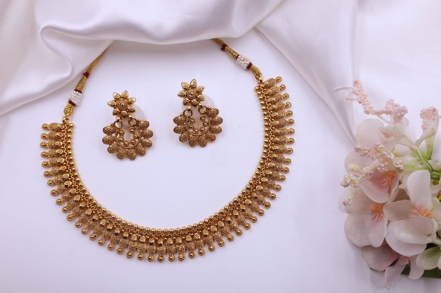 MyWishTree Antique Gold Floral Necklace Set with Chandbali Earrings - Mywishtree