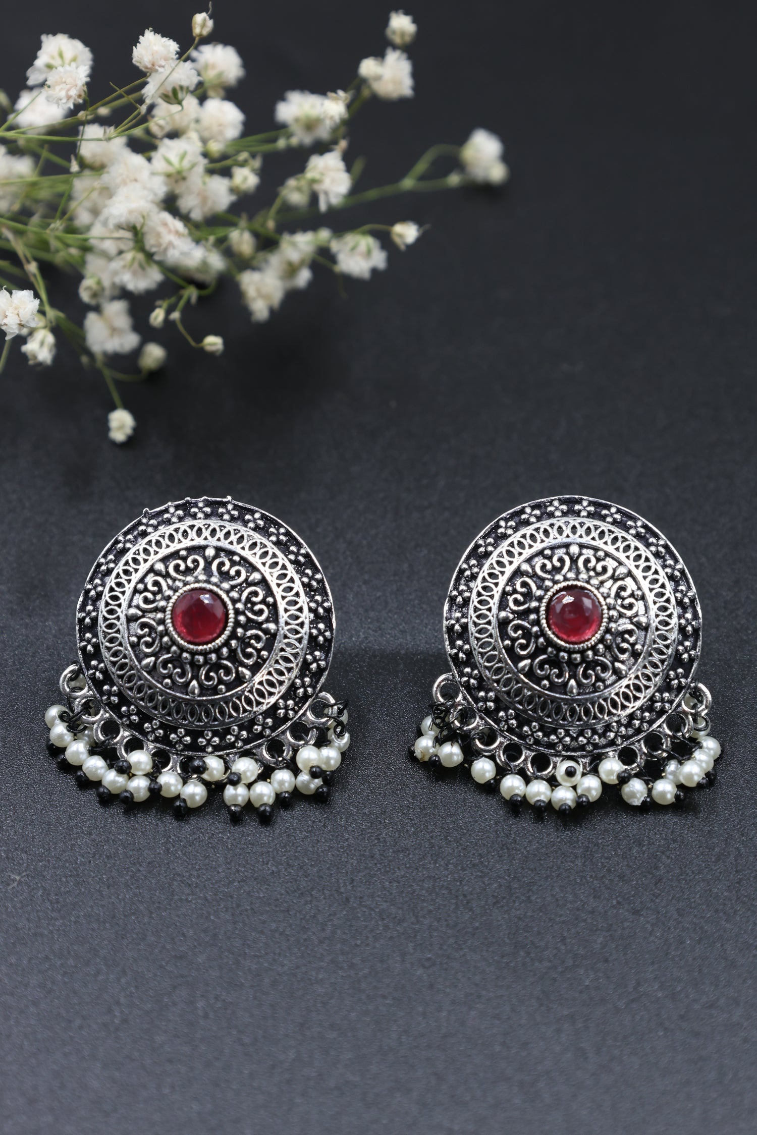 Vintage  Pearl Stud Earrings with Oxidised Plating - Mywishtree