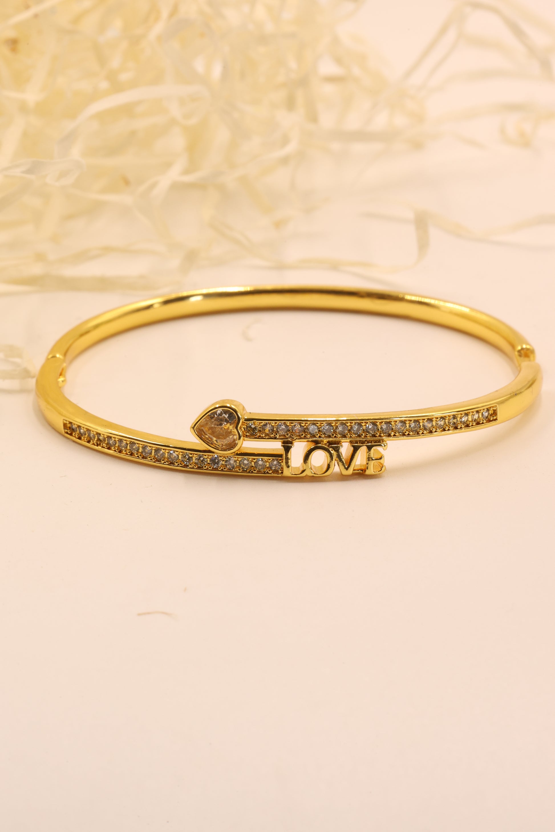 Eternal Love CZ-Studded Gold Bangle with Heart Charm
