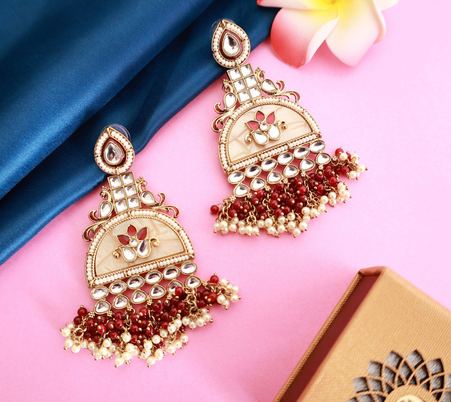 Kundan beaded Chandbali earring with pearl droplets - Mywishtree