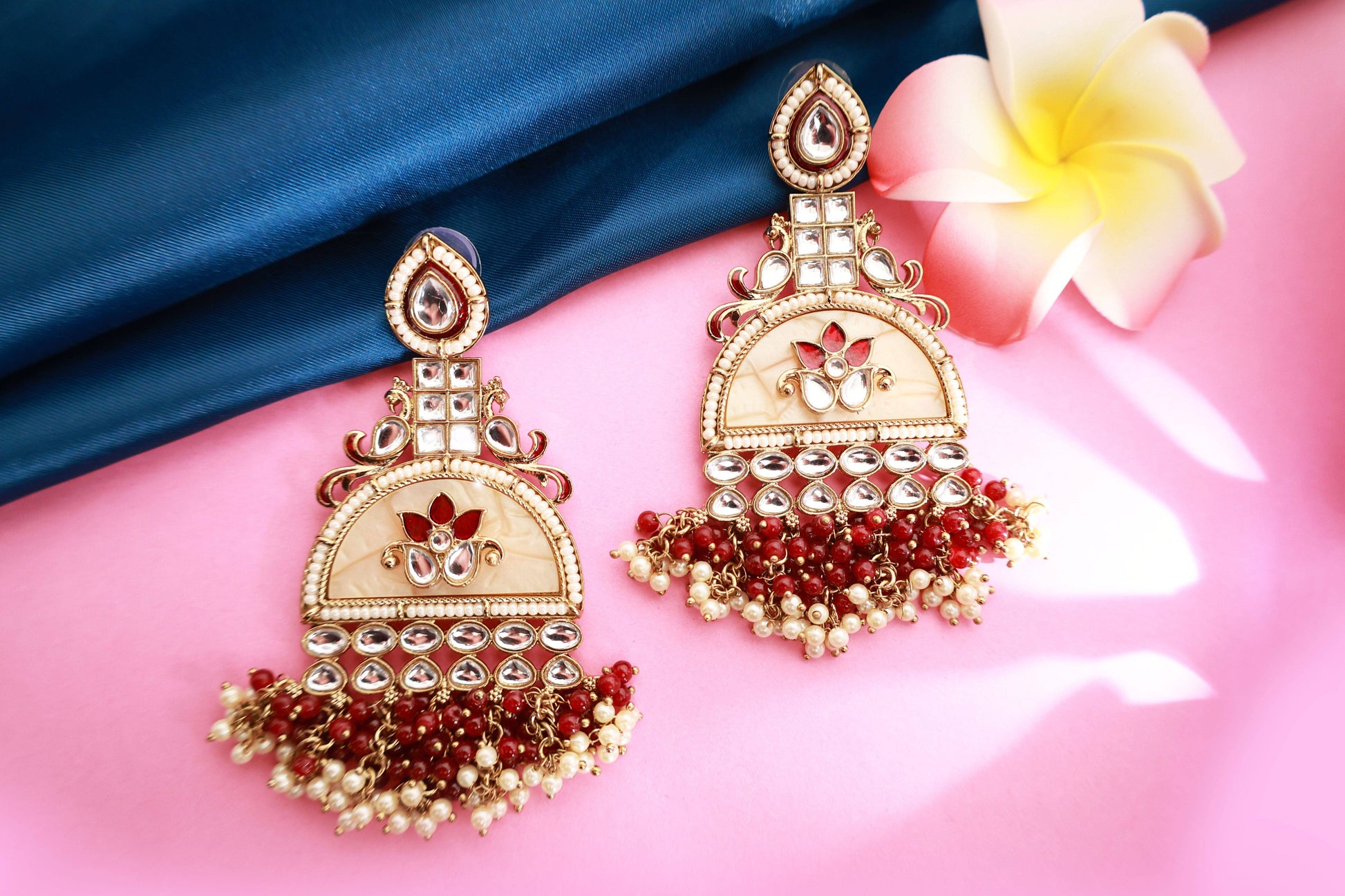Kundan beaded Chandbali earring with pearl droplets - Mywishtree