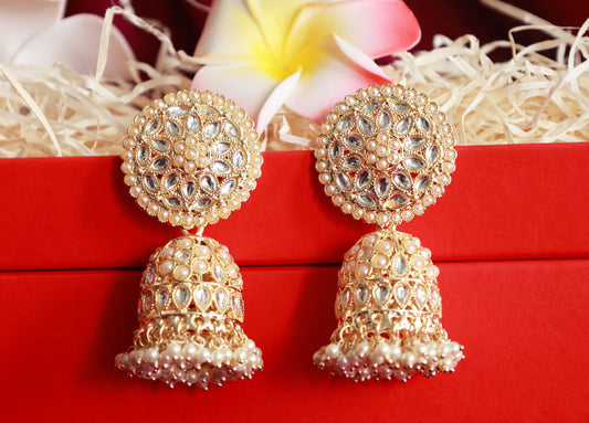 Pearl Bloom Jhumkas with kundan stones - Mywishtree