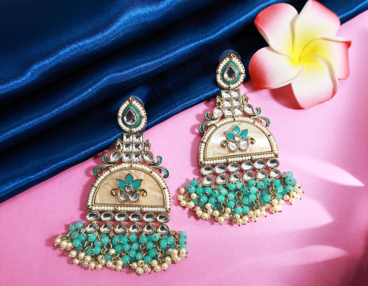 Kundan beaded Chandbali earring with pearl droplets - Mywishtree