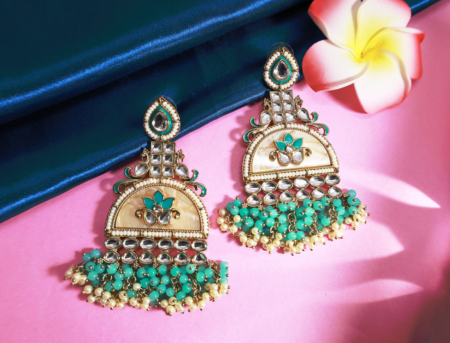 Kundan beaded Chandbali earring with pearl droplets - Mywishtree