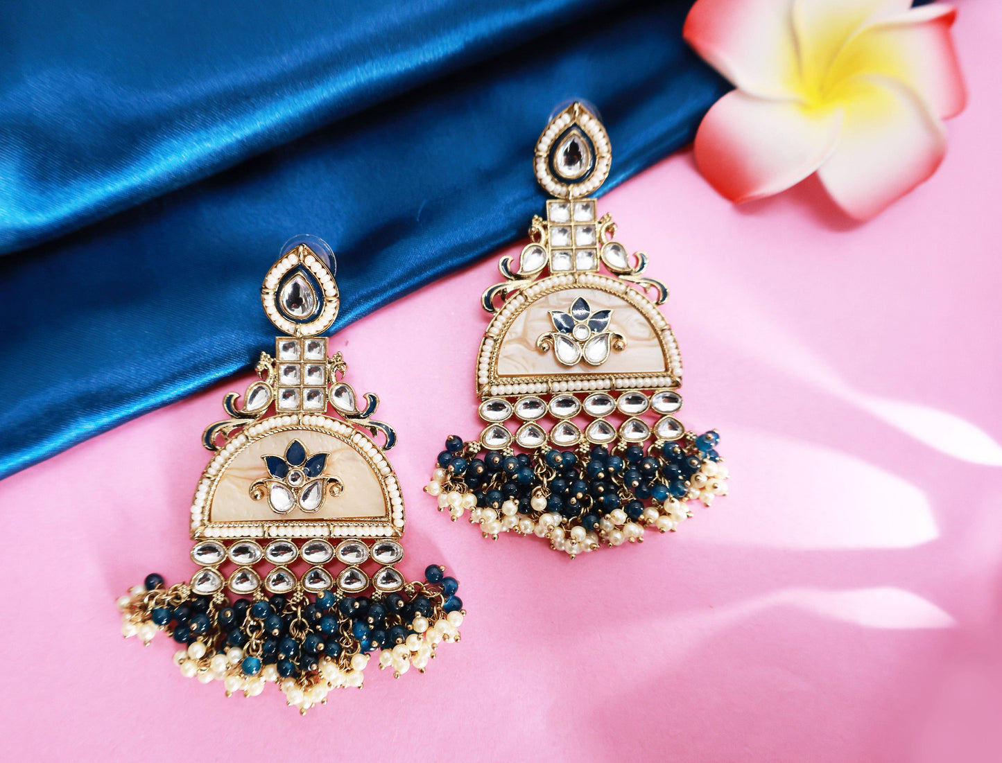 Kundan beaded Chandbali earring with pearl droplets - Mywishtree