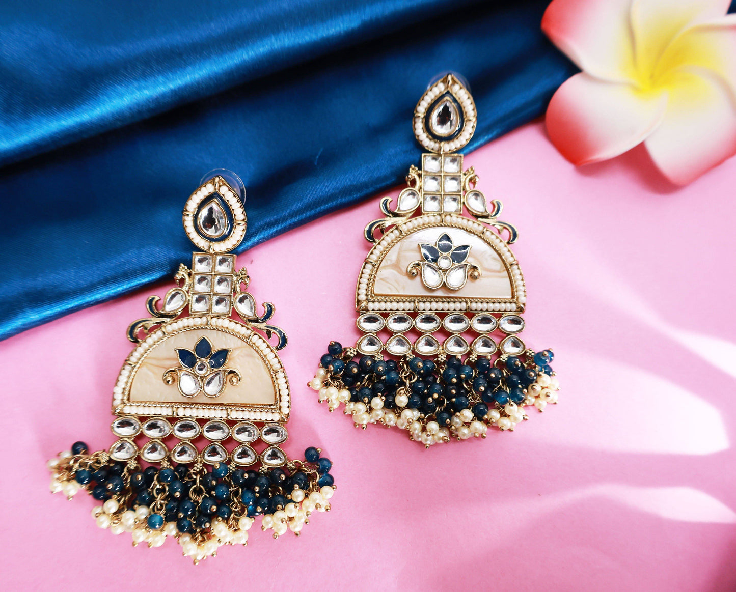 Kundan beaded Chandbali earring with pearl droplets - Mywishtree
