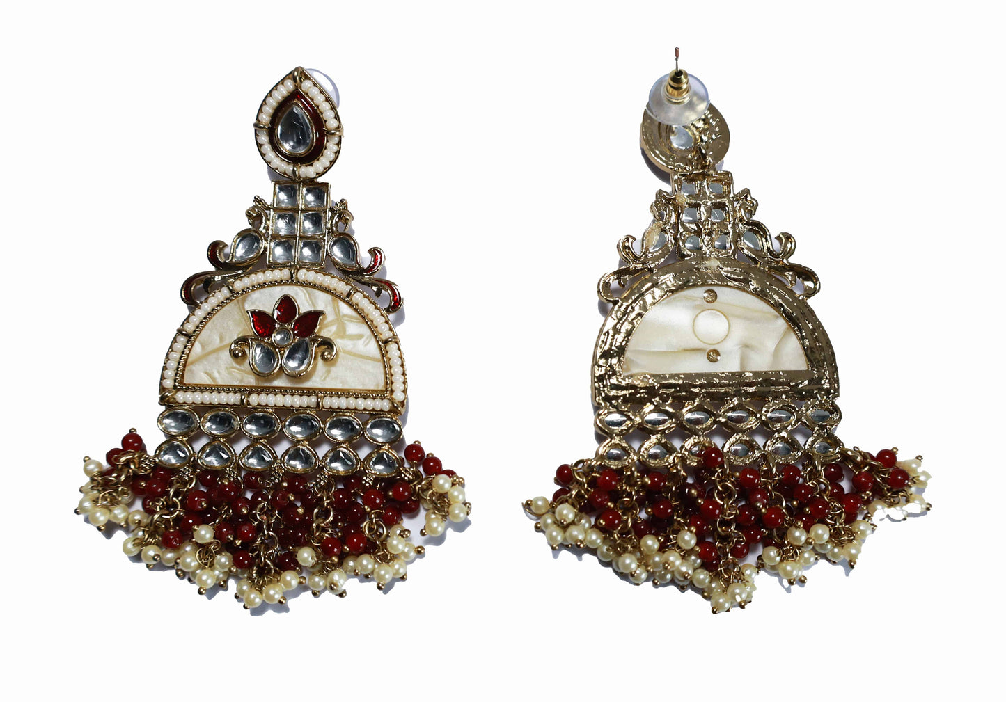 Kundan beaded Chandbali earring with pearl droplets - Mywishtree