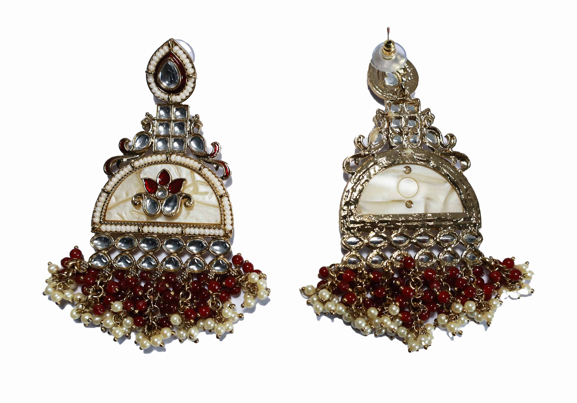 Kundan beaded Chandbali earring with pearl droplets - Mywishtree