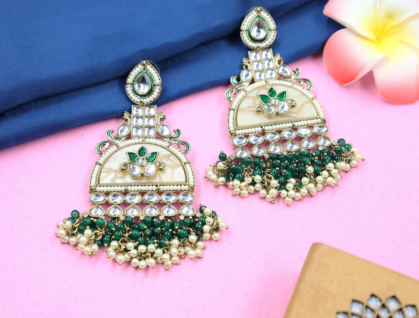 Kundan beaded Chandbali earring with pearl droplets - Mywishtree