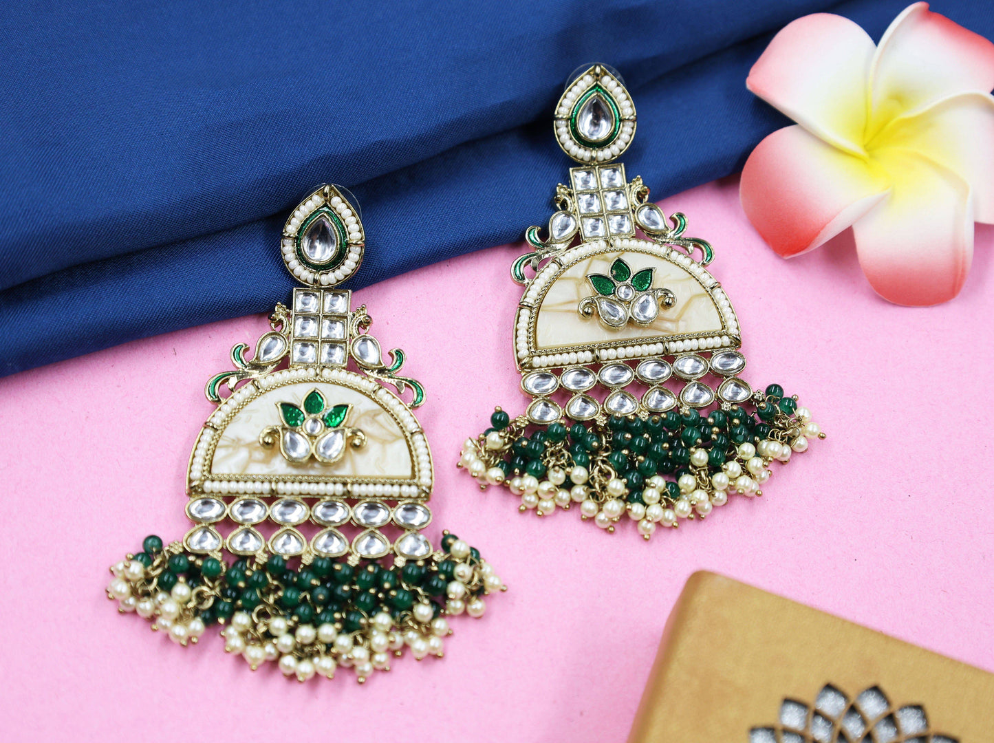 Kundan beaded Chandbali earring with pearl droplets - Mywishtree