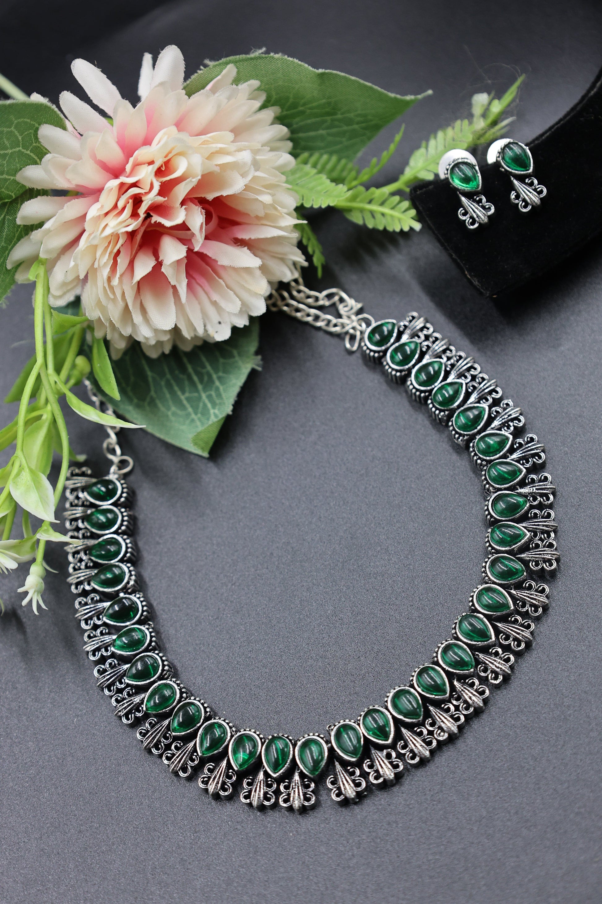 Antique Green Stone Choker Necklace Set with Oxidised, earrings for women, earrings and tikka set, earrings design artificial, artificial earrings design, latest artificial earrings for daily use, artificial golden earrings, earring ka design, earring ki design