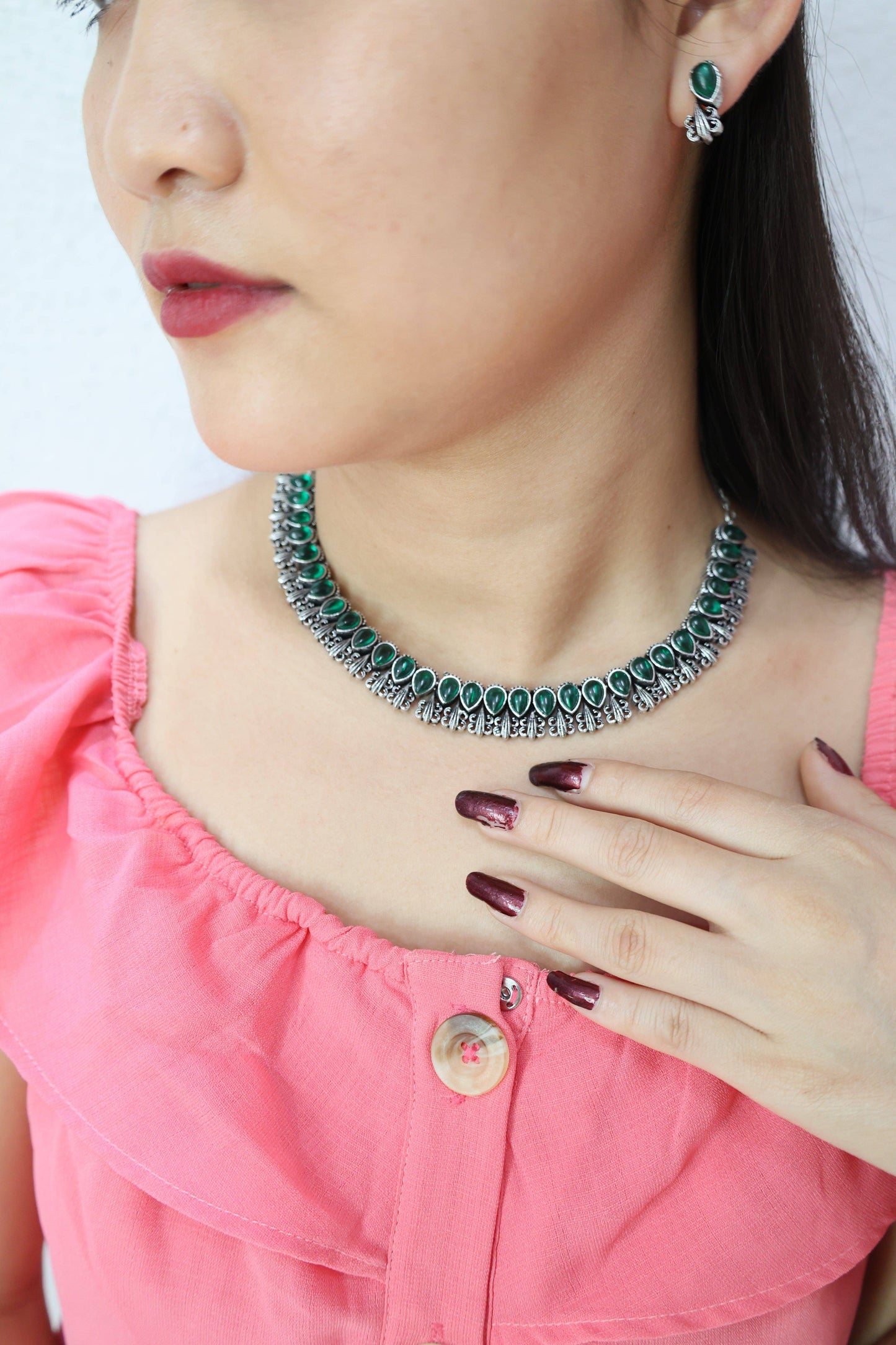 Antique Green Stone Choker Necklace Set, Oxidised, earrings for women, earrings and tikka set, earrings design artificial, artificial earrings design, latest artificial earrings for daily use, artificial golden earrings, earring ka design, earring ki design