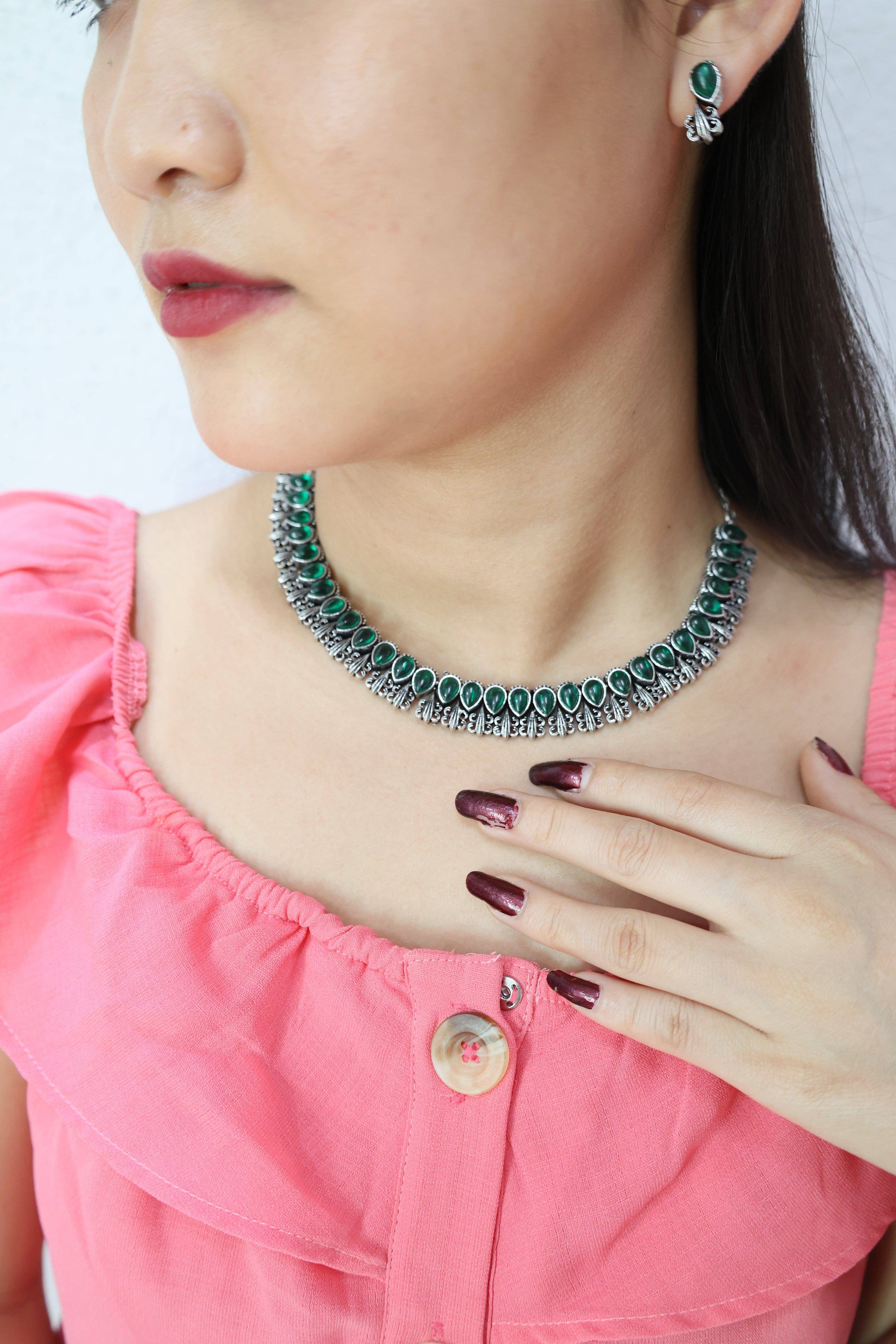 Antique Green Stone Choker Necklace Set, Oxidised, earrings for women, earrings and tikka set, earrings design artificial, artificial earrings design, latest artificial earrings for daily use, artificial golden earrings, earring ka design, earring ki design