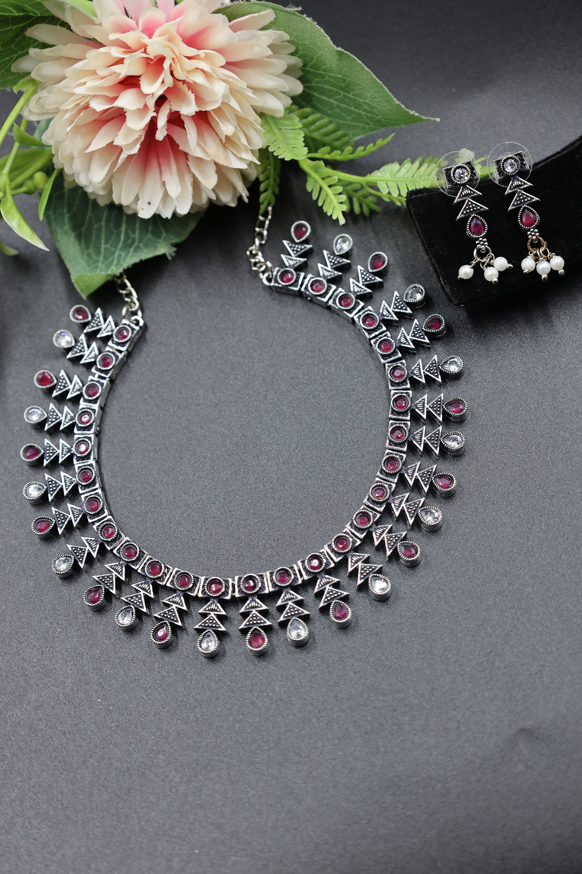 Antique Stone Choker Necklace Set with Oxidised Plating - Mywishtree, Holi colorful earrings collection from Mywishtree.co.in