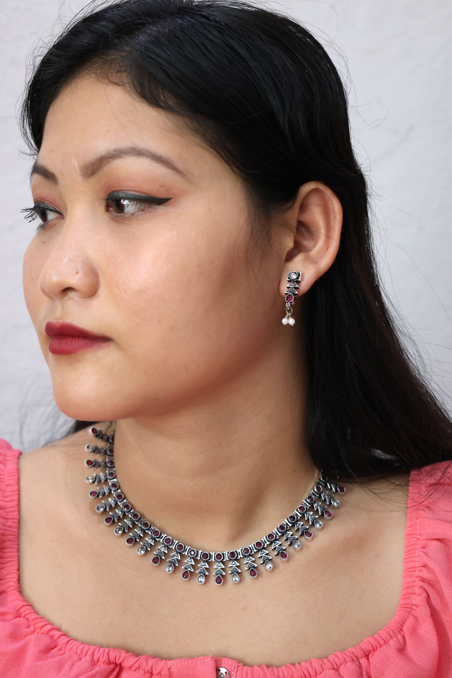 Antique Stone Choker Necklace Set with Oxidised Plating - Mywishtree