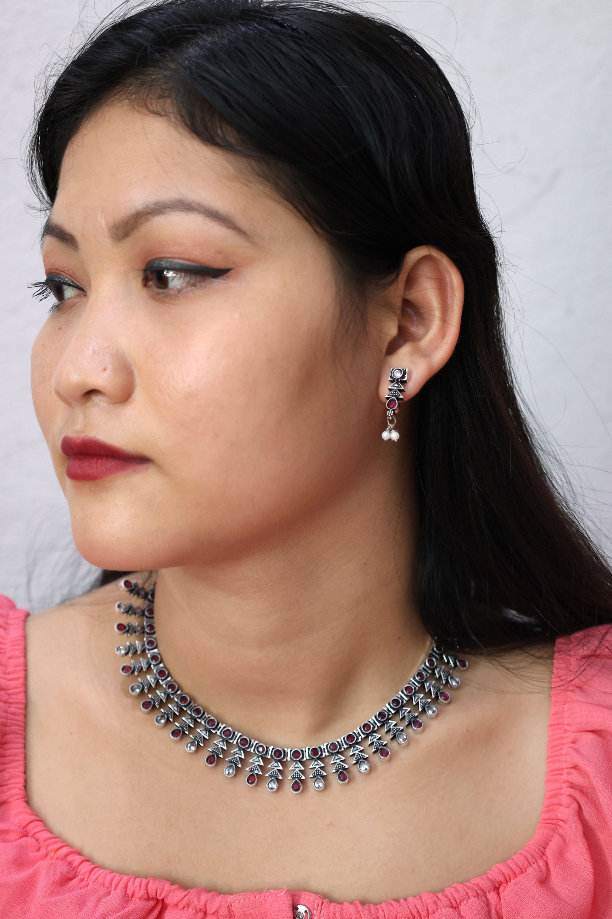 Antique Stone Choker Necklace Set with Oxidised Plating - Mywishtree