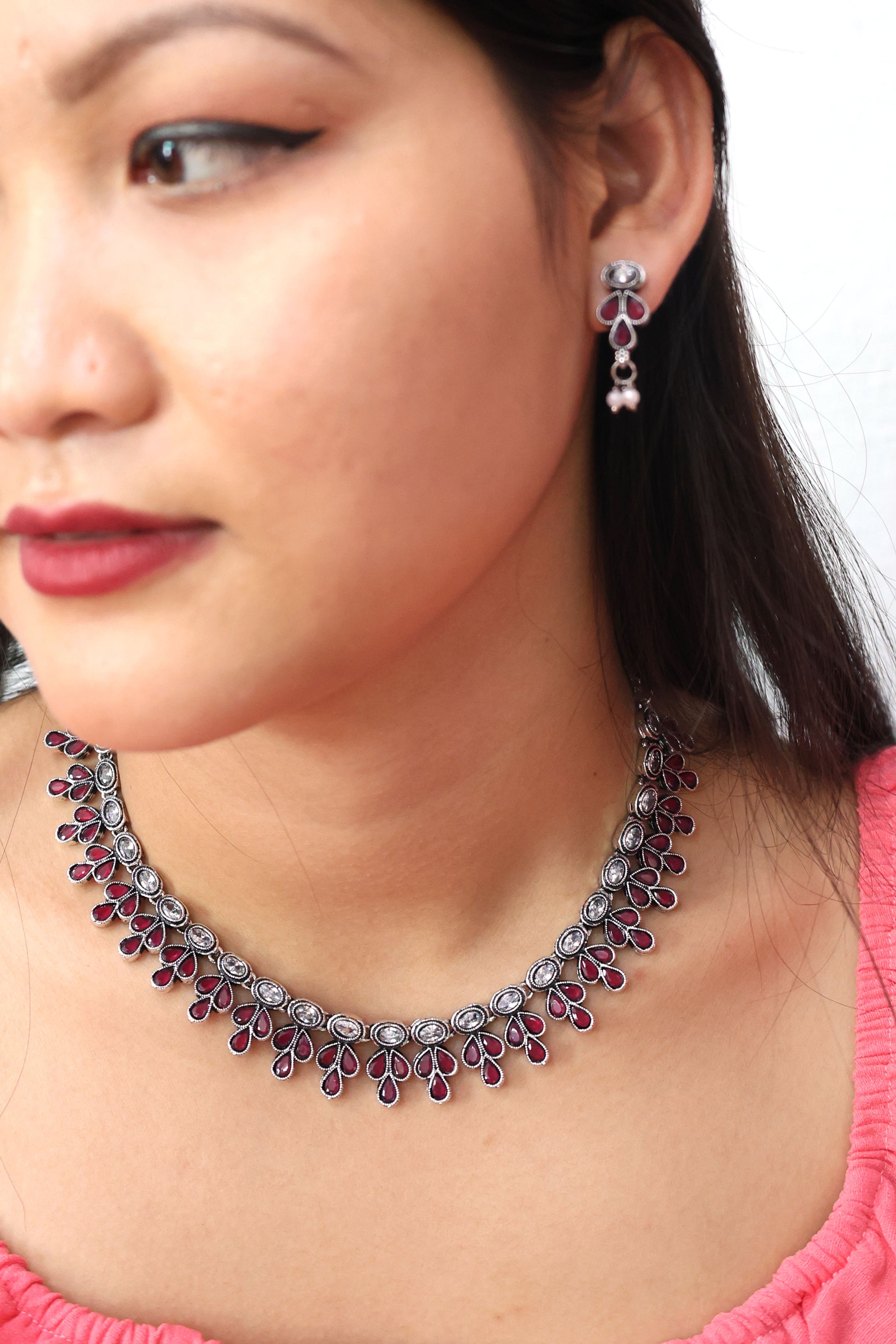 Teardrop Stone Necklace Set with Oxidised Plating - Mywishtree, imitation jewellery, Ruby stone, Necklace, Necklace set, American Diamond, wedding necklace, party necklace