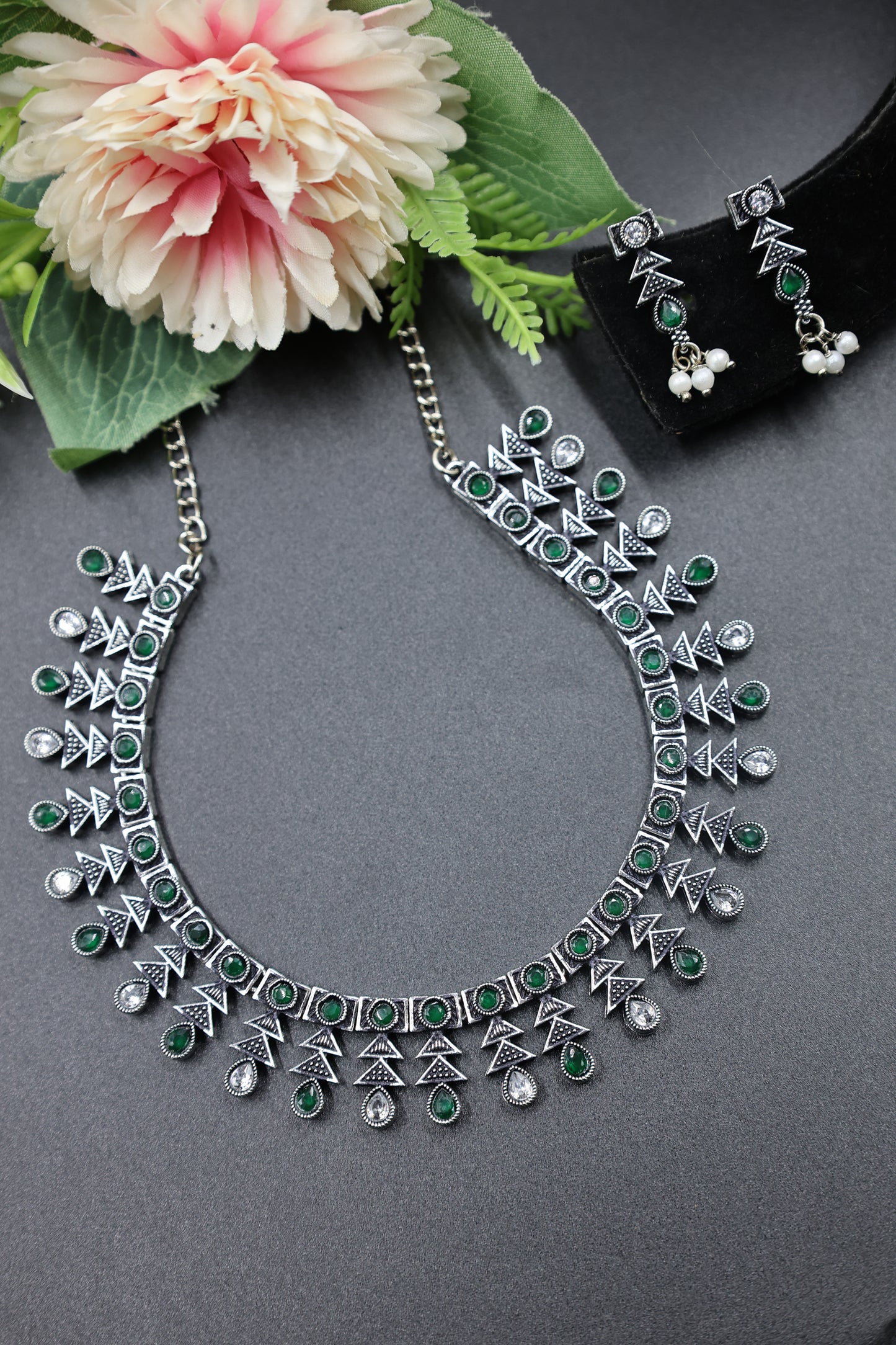 Antique Stone Choker Necklace Set with Oxidised Plating - Mywishtree