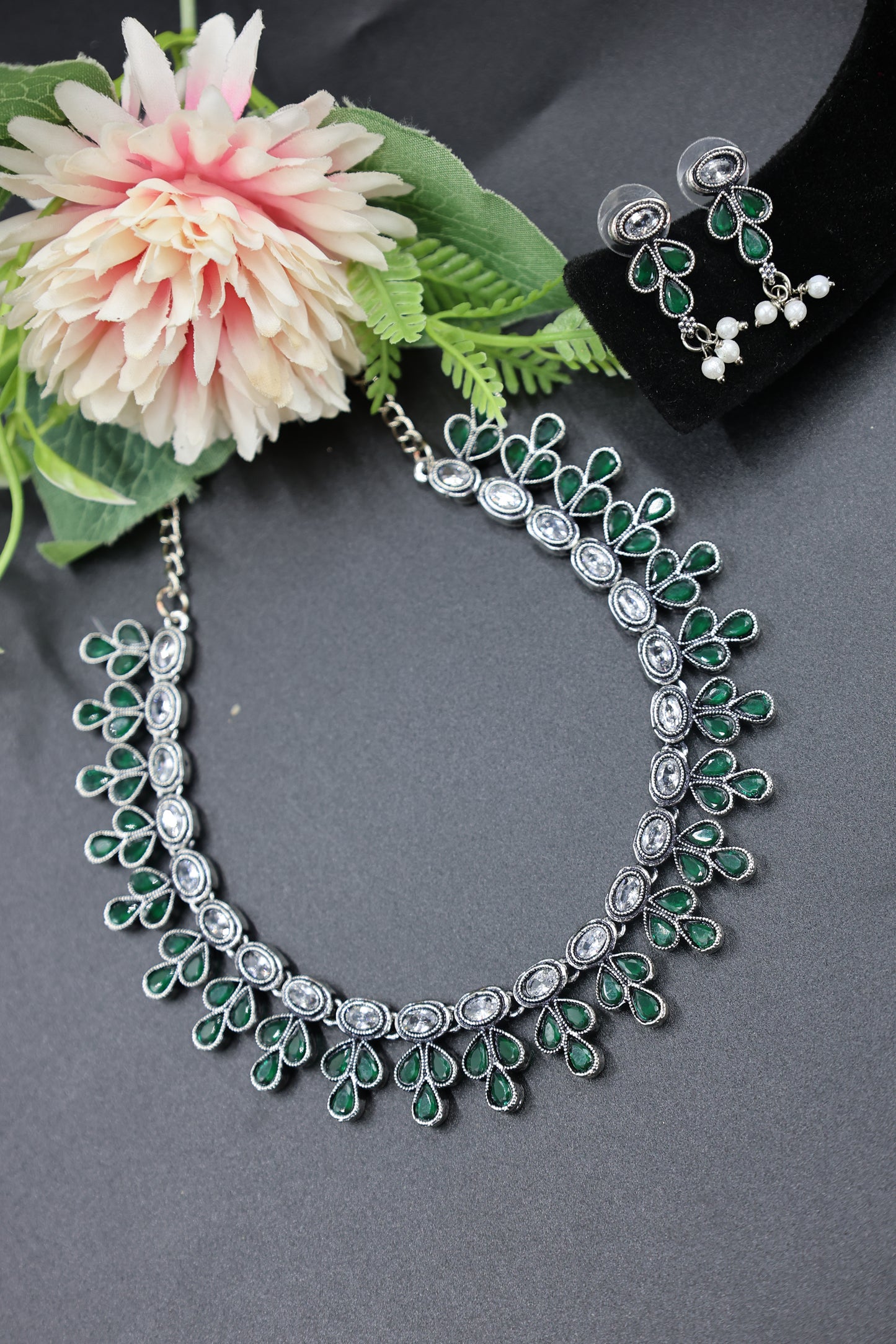 Teardrop Stone Necklace Set with Oxidised Plating - Mywishtree, imitation jewellery, emerald stone, Necklace, Necklace set, American Diamond, wedding necklace, party necklace, Choker set, Necklace with Earring