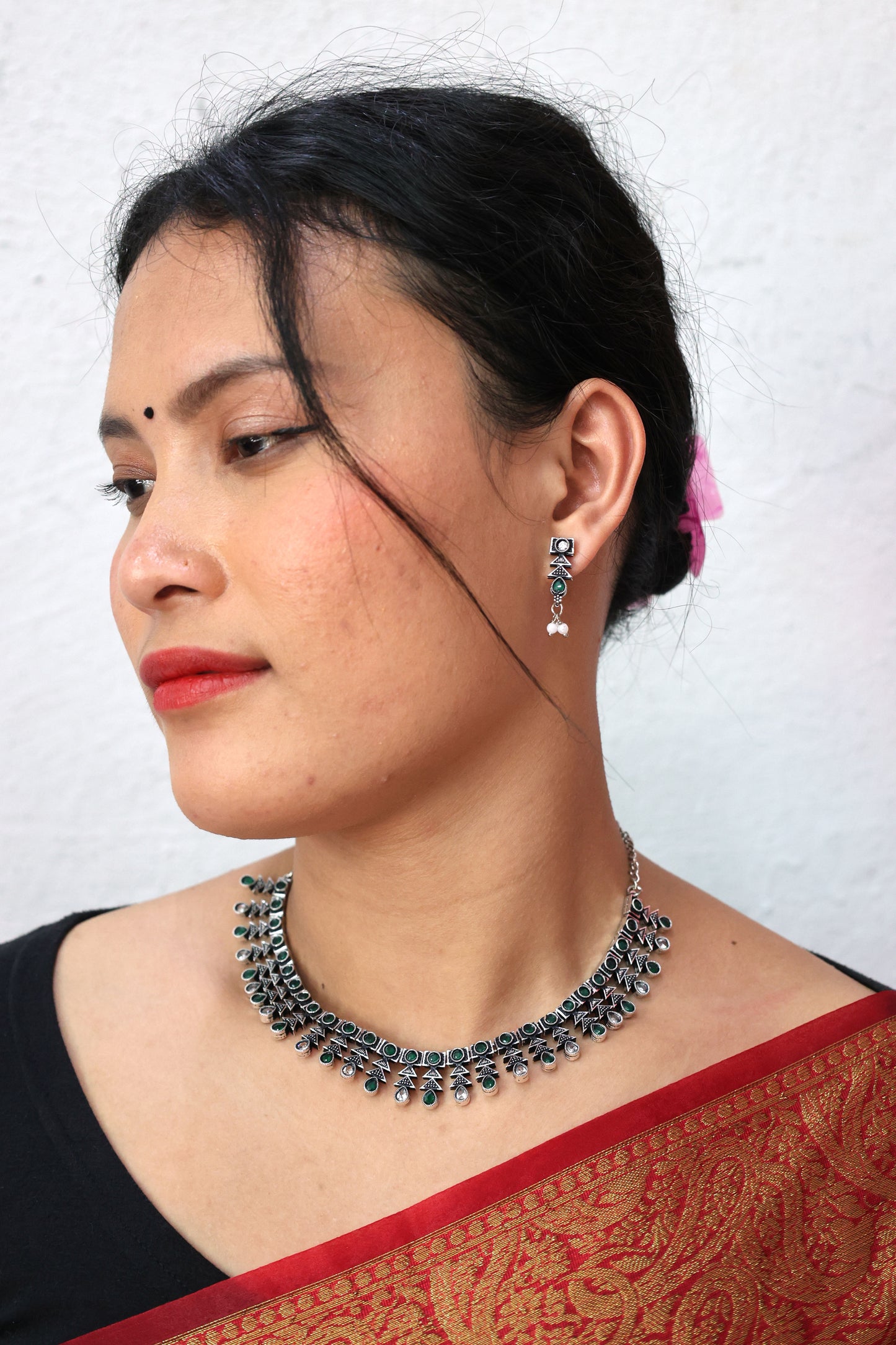 Antique Stone Choker Necklace Set with Oxidised Plating - Mywishtree
