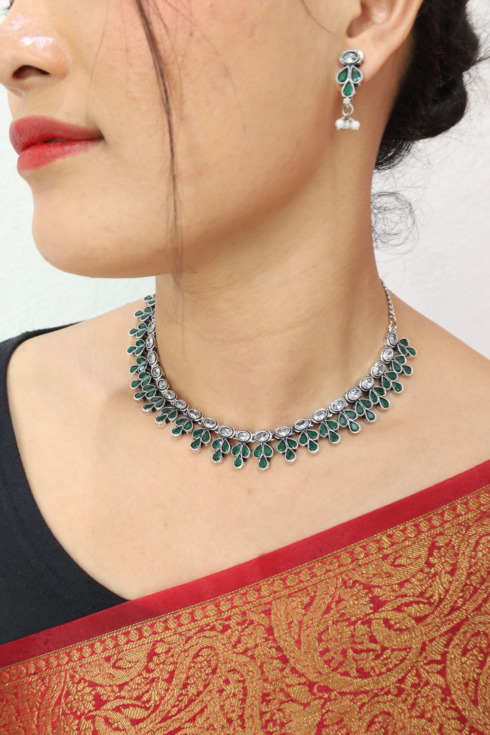 Teardrop Stone Necklace Set with Oxidised Plating - Mywishtree, imitation jewellery, emerald stone, Necklace, Necklace set, American Diamond, wedding necklace, party necklace, Choker set, Necklace with Earring