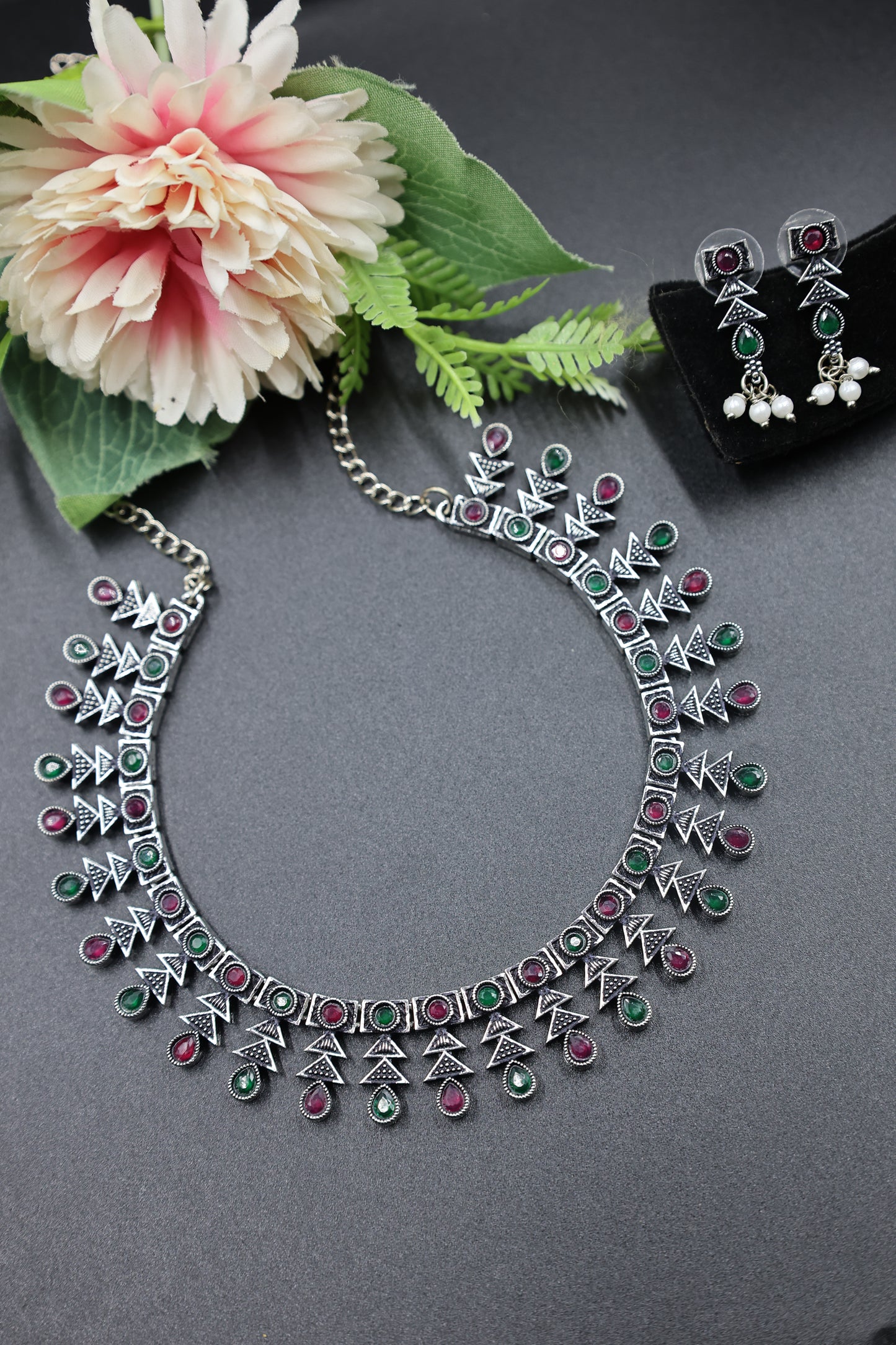 Antique Stone Choker Necklace Set with Oxidised Plating - Mywishtree