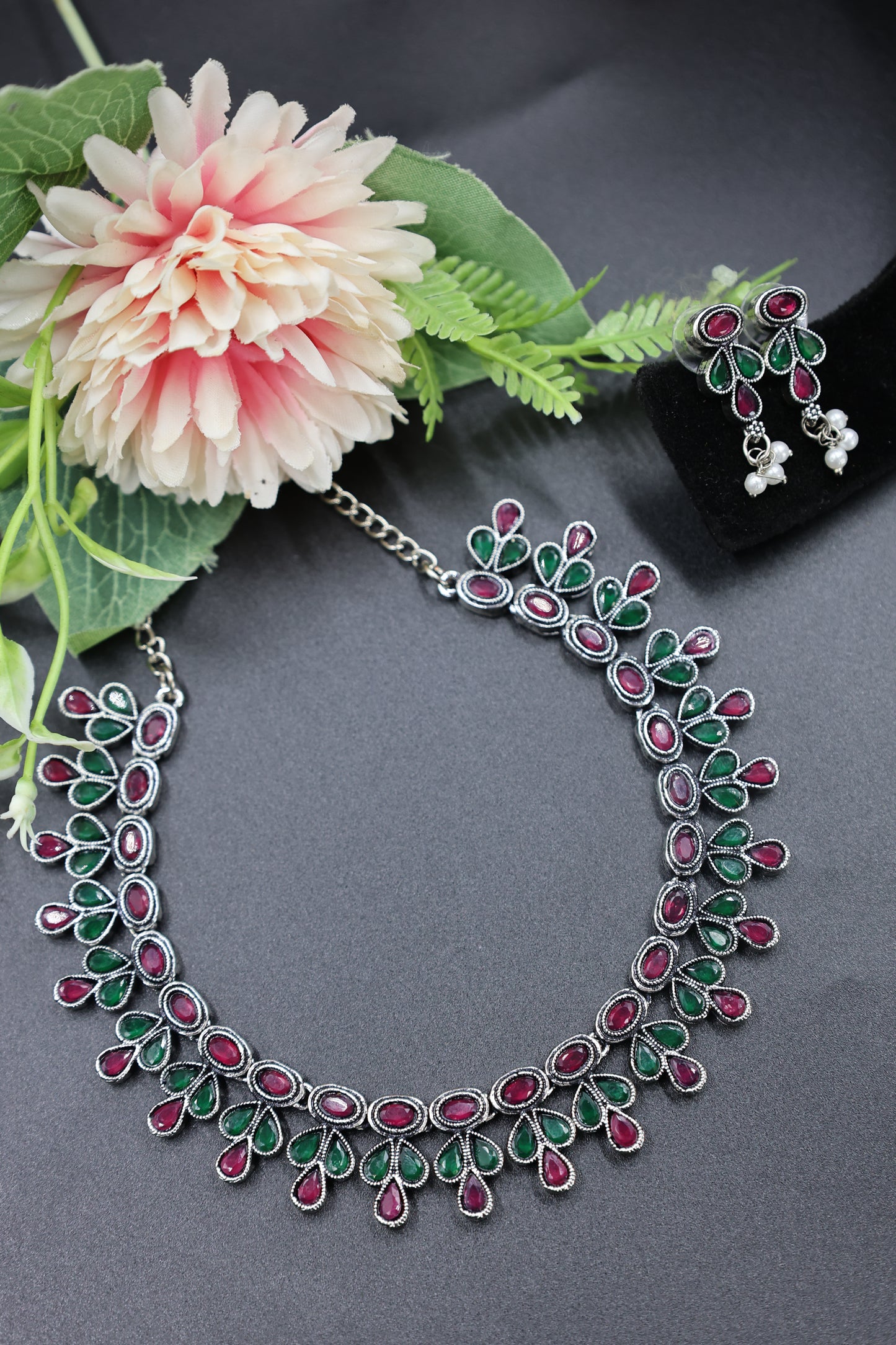 Teardrop Stone Necklace Set - Mywishtree, imitation jewellery, emerald stone, Green stone, ruby stone, multicolor, Necklace, Necklace set, American Diamond, wedding necklace, party necklace, Choker set, Necklace with Earring