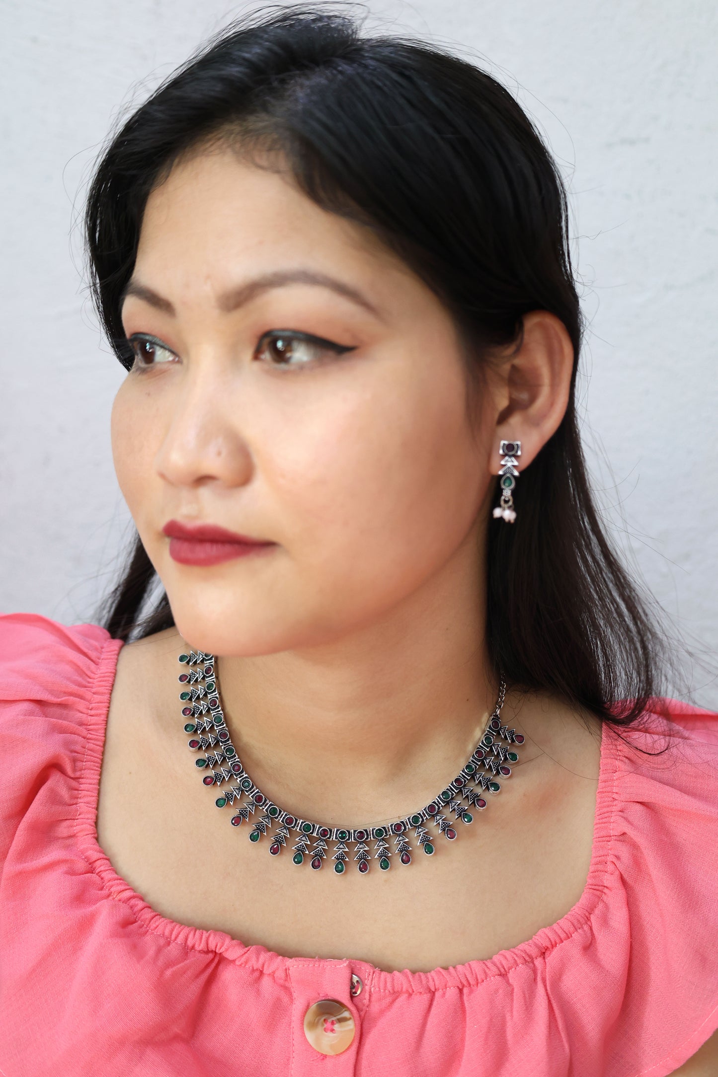 Antique Stone Choker Necklace Set with Oxidised Plating - Mywishtree