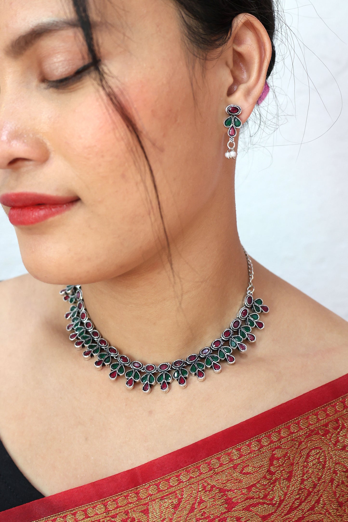 Teardrop Stone Necklace Set - Mywishtree, imitation jewellery, emerald stone, Green stone, ruby stone, multicolor, Necklace, Necklace set, American Diamond, wedding necklace, party necklace, Choker set, Necklace with Earring