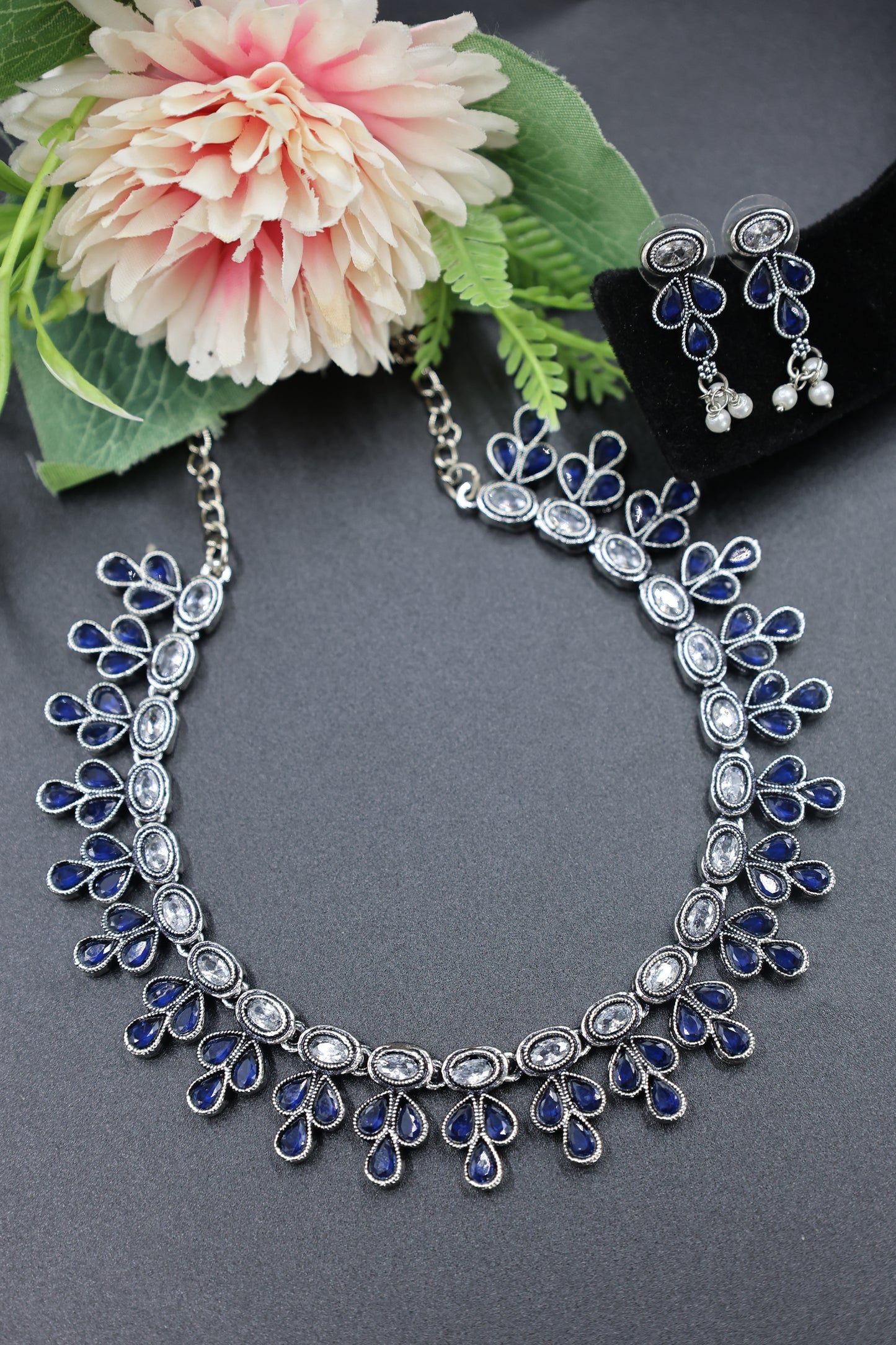 Teardrop Stone Necklace Set with Oxidised Plating - Mywishtree, imitation jewellery, Blue stone, Necklace, Necklace set, American Diamond, wedding necklace, party necklace