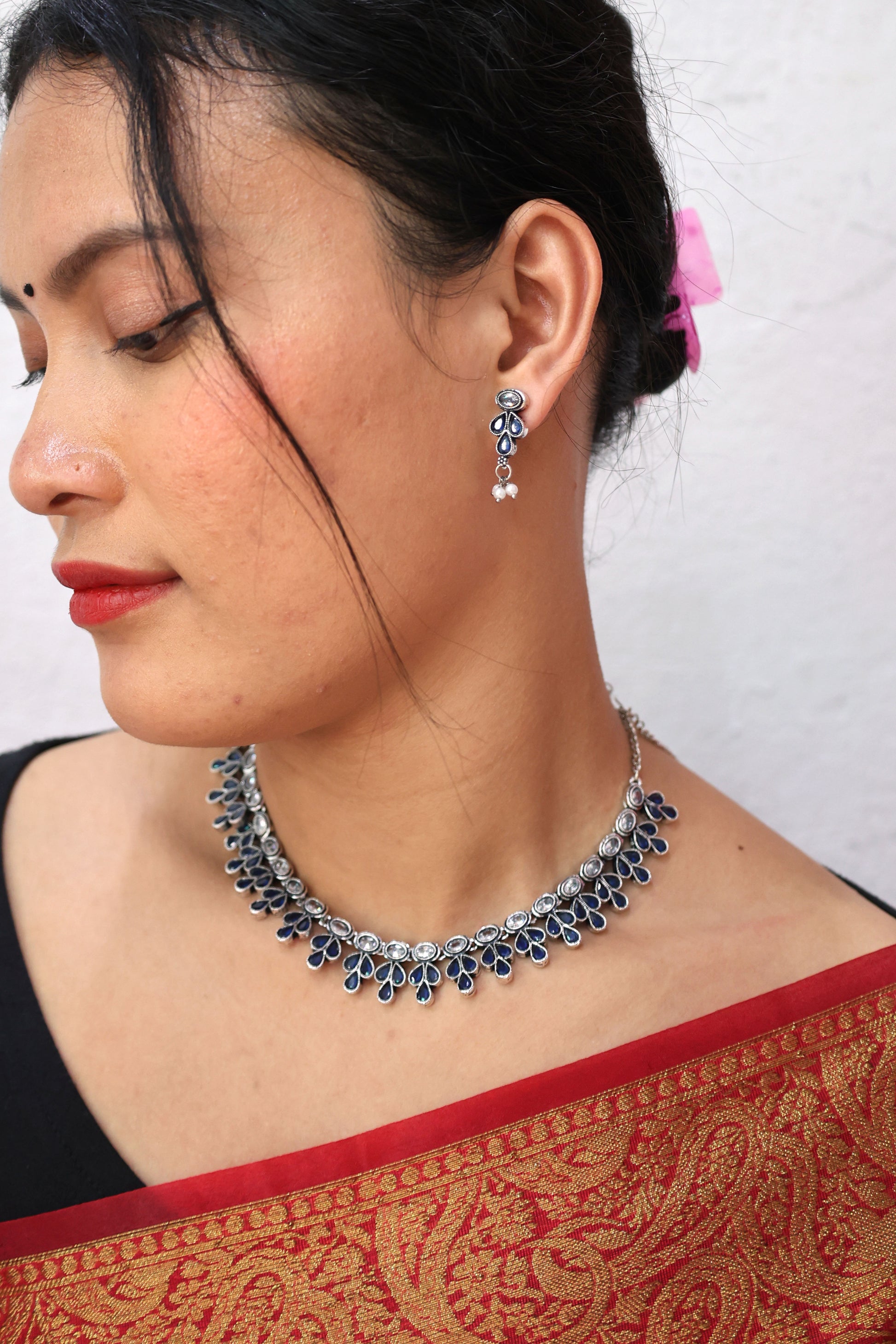 Teardrop Stone Necklace Set with Oxidised Plating - Mywishtree, imitation jewellery, Blue stone, Necklace, Necklace set, American Diamond, wedding necklace, party necklace, Choker set, Necklace with Earring