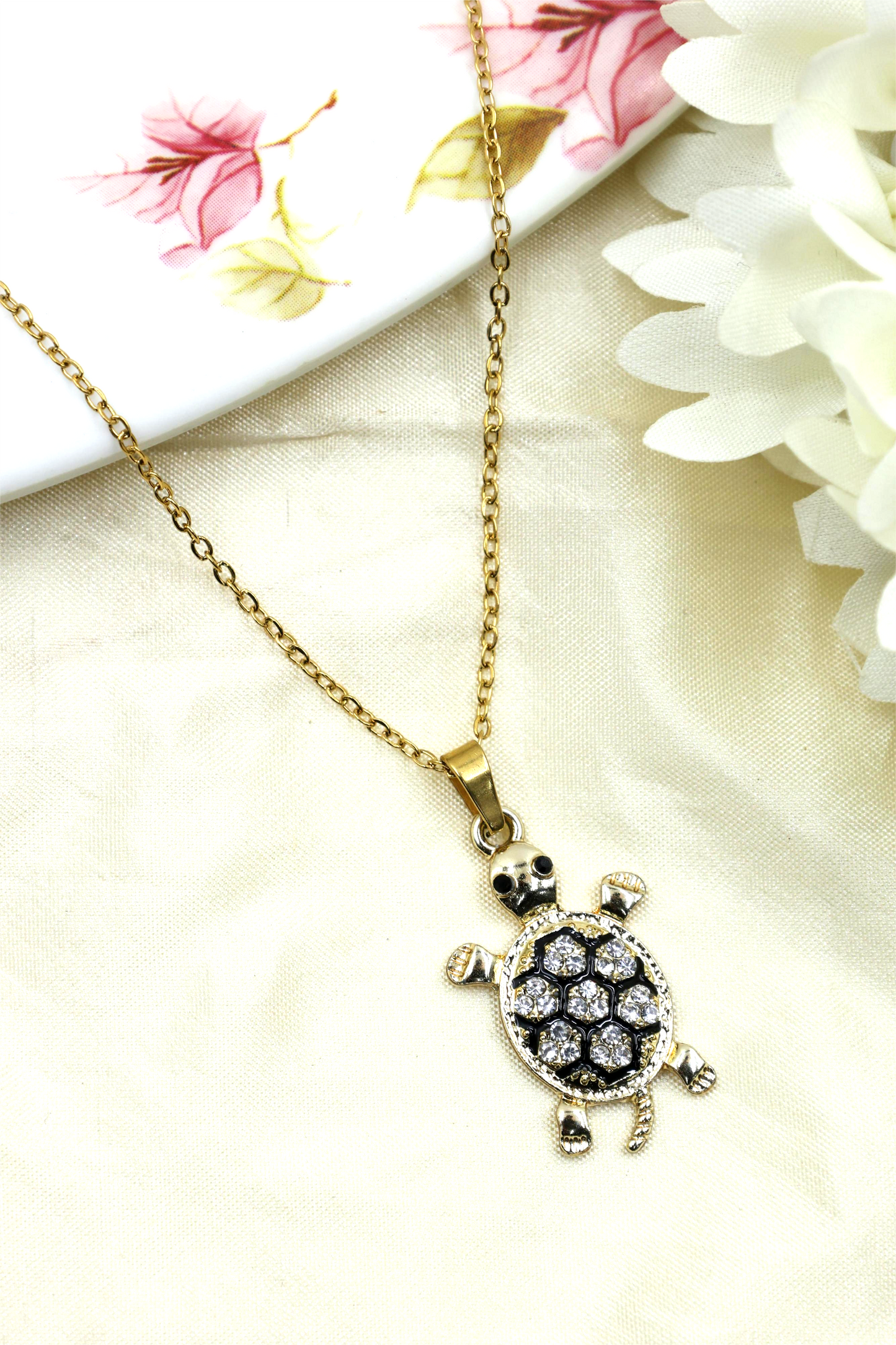 Crystal-Studded Turtle Pendant Necklace