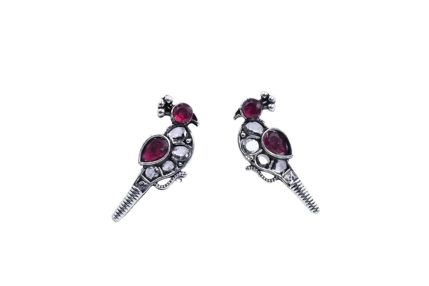 Oxidized Kundan Parrot Stud Earrings with Crystal Accents - Mywishtree