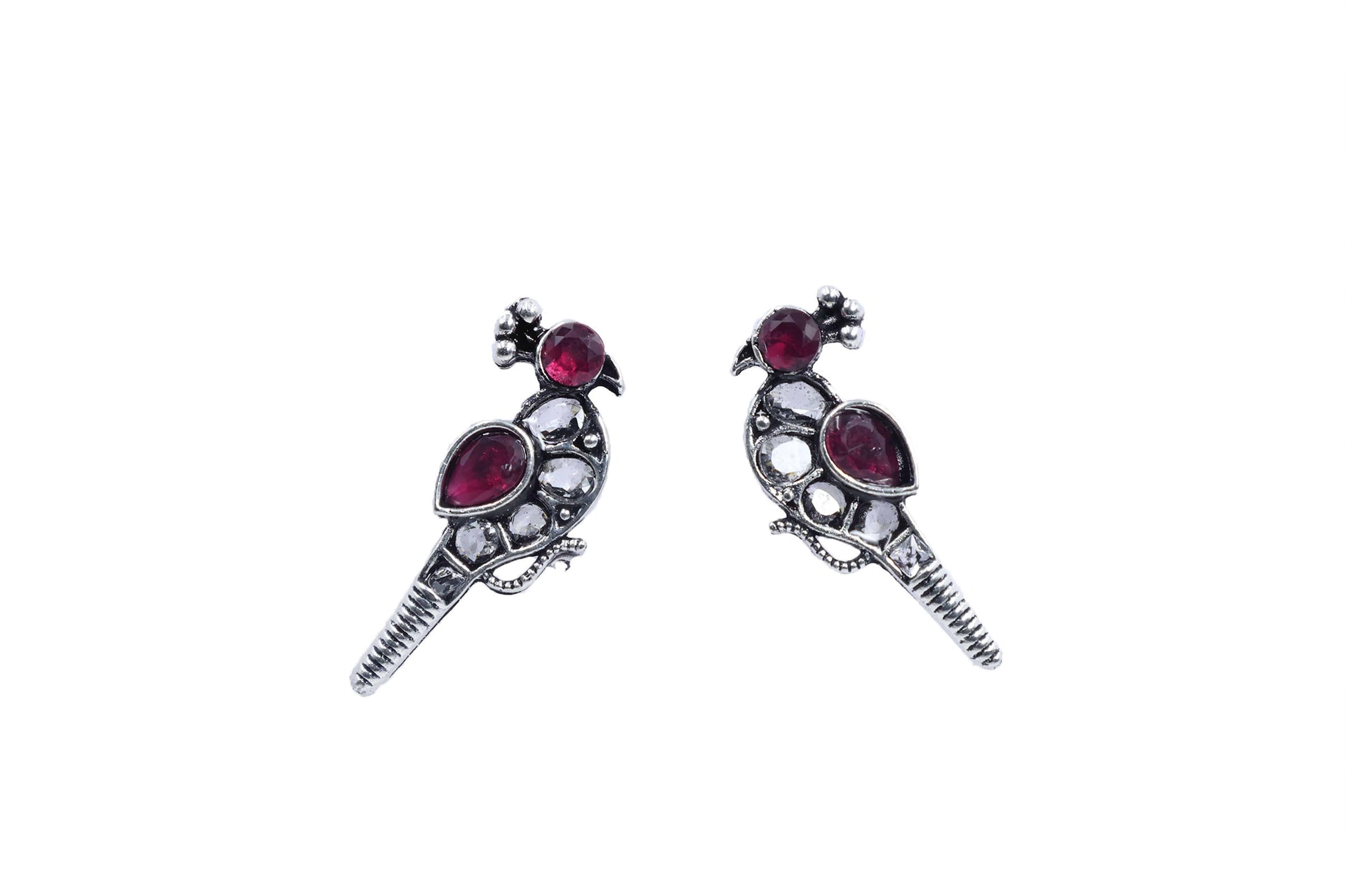 Oxidized Kundan Parrot Stud Earrings with Crystal Accents - Mywishtree
