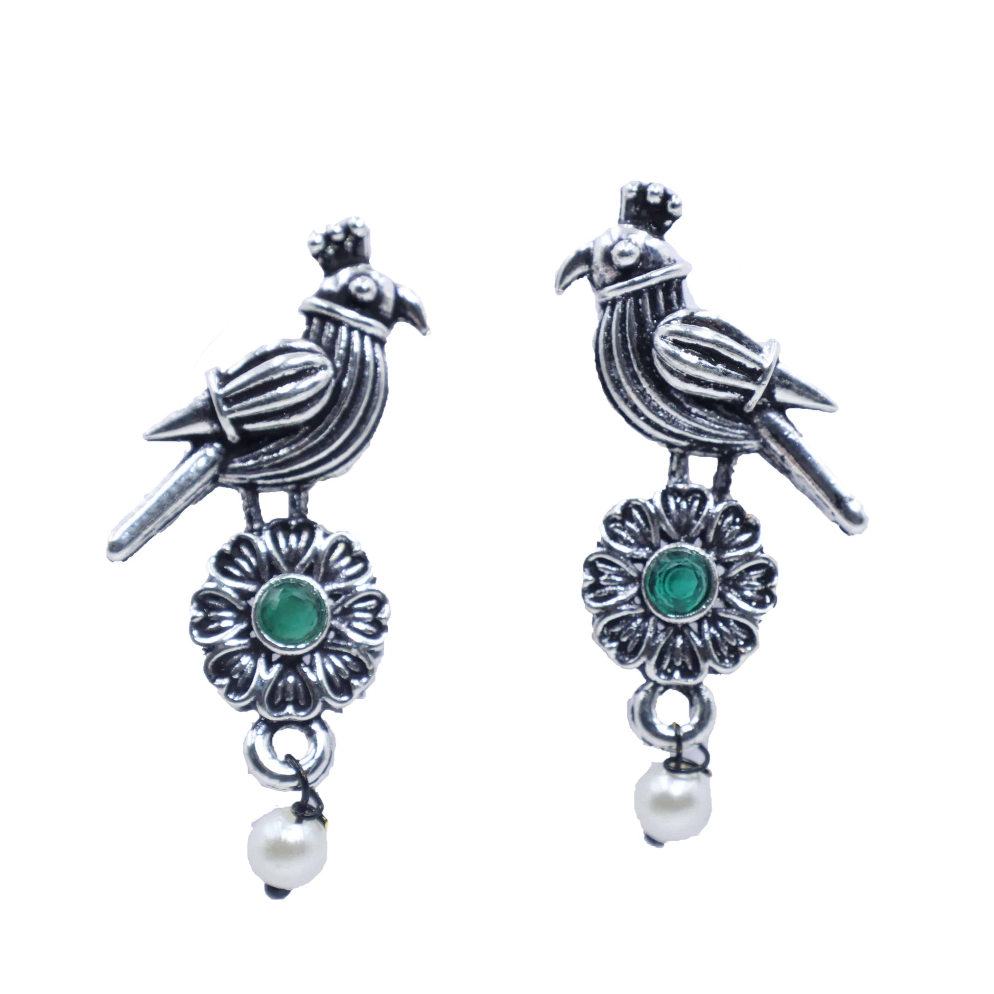 Antique Silver Oxidized Parrot-Design Pearl Drop Earrings - Mywishtree