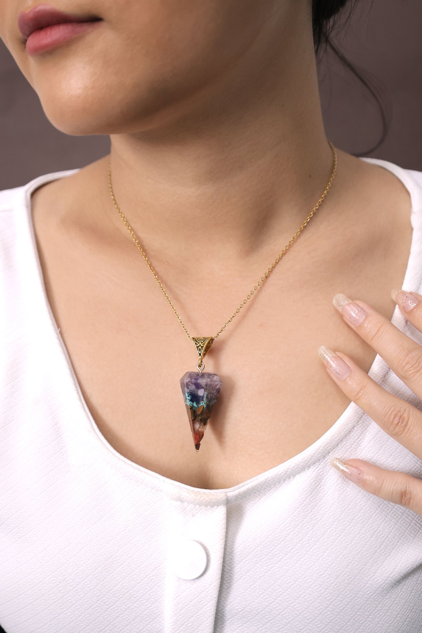 Layered Crystal Resin Pendant Necklace