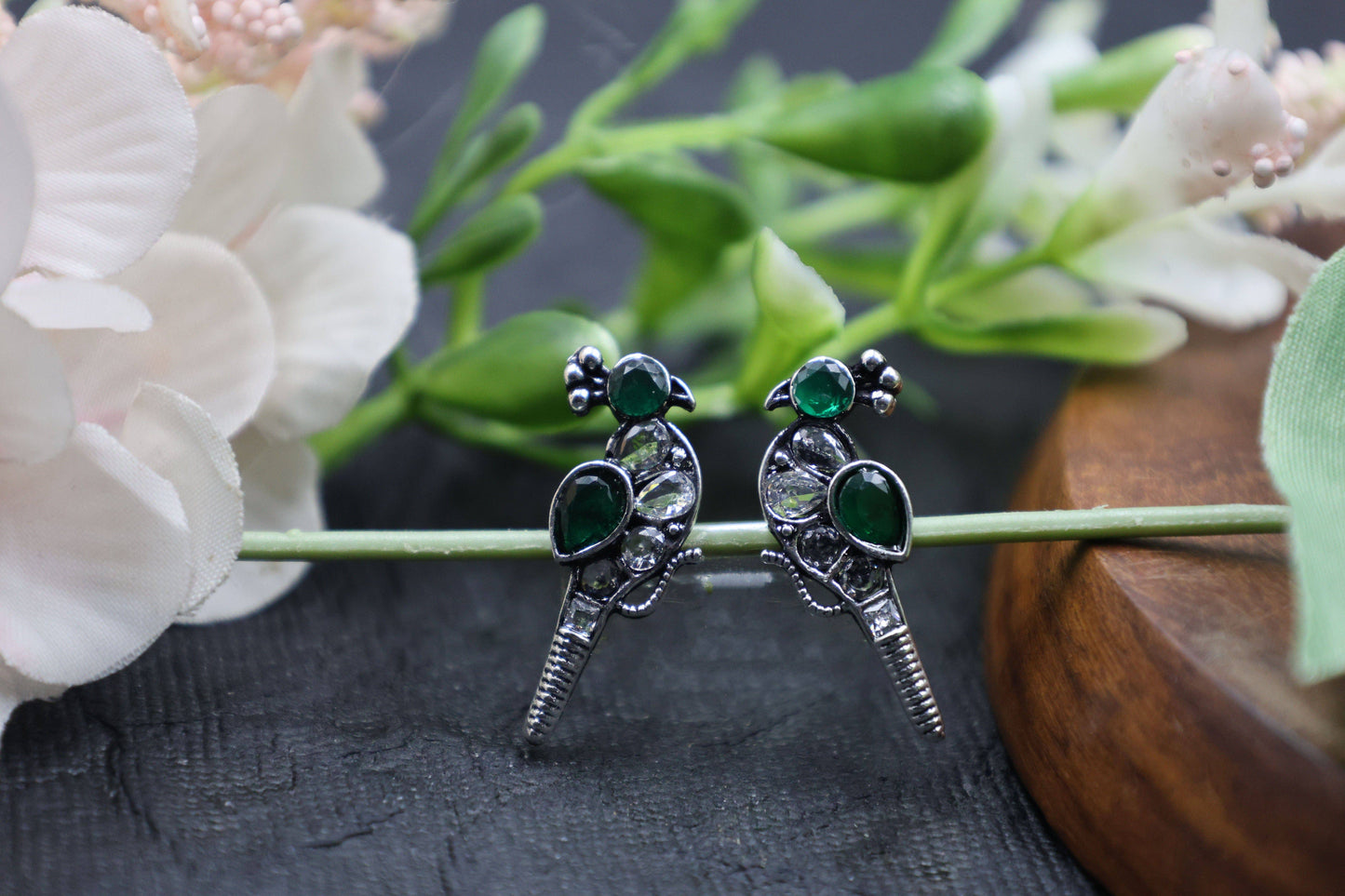 Oxidized Kundan Parrot Stud Earrings with Crystal Accents - Mywishtree