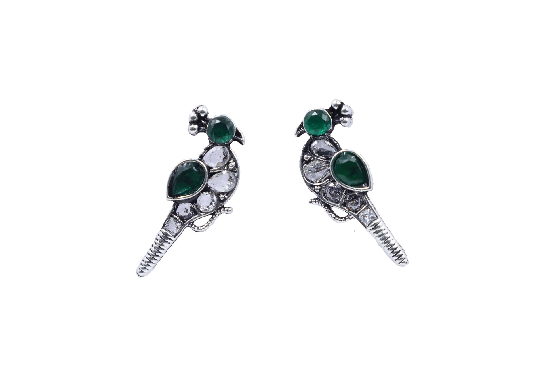 Oxidized Kundan Parrot Stud Earrings with Crystal Accents - Mywishtree